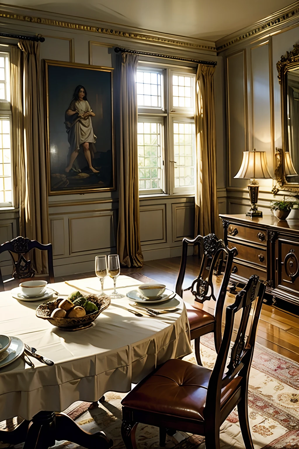 A room that belongs to a generous benefactor, dining room table, mood is heavenly, hospitable, familial, sustenance, nurturing, wealth, affability, prosperous, saving, providing.