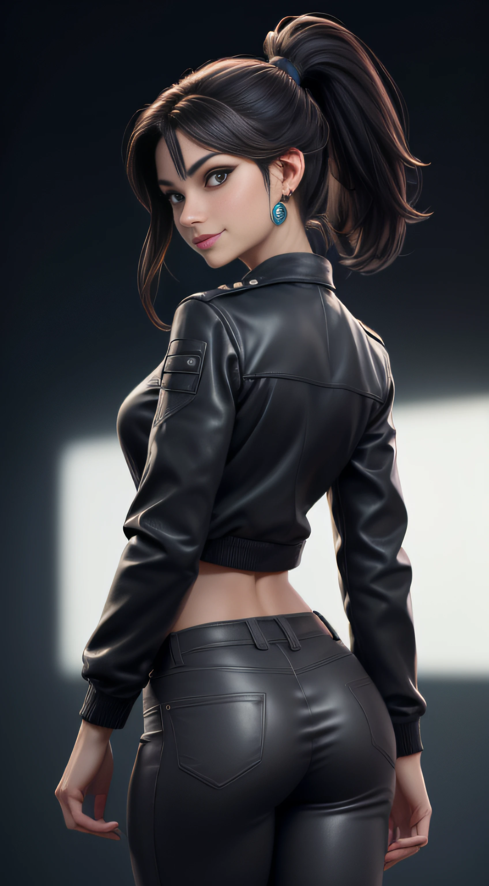 tmasterpiece, Best quality, profondeur de champ, cinematic light, Lens Flare, Ray Tracing, back view. 1Kristin Kreuk (extremely beautiful face, lovely lips, beaux yeux verts, ponytail). Dans le noir, ombre profonde, (very skinny slender fit-muscled body:1.3), ((Regarder le spectateur)),(Grand sourire:1.3), (Neon Sign), (blurred background),(without people in the background:1.3), Beautiful earrings, Bracelets, (Grands yeux), Face forward, ((blouson et pantalon moulant en cuir noire:1.3)), (Regarder le spectateur:1.3) sein ouvert, very slim, seins moyens, faire demi-tour, (Rear shot), Accent sur le cul, thick thighs