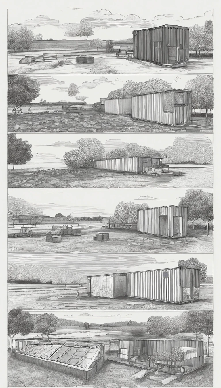 A series of shipping container buildings, each 40ft in length, single story, one building is a plastics recycling workshop, the next building is a mushroom farm on a trailer, the third is a biodigester building, synchronized with the surrounding forest landscape, best quality, ultra-detailed,natural lighting, monochromatic color scheme, neutral tones, realistic:1.37, community garden boxes on the ground, solar arrays