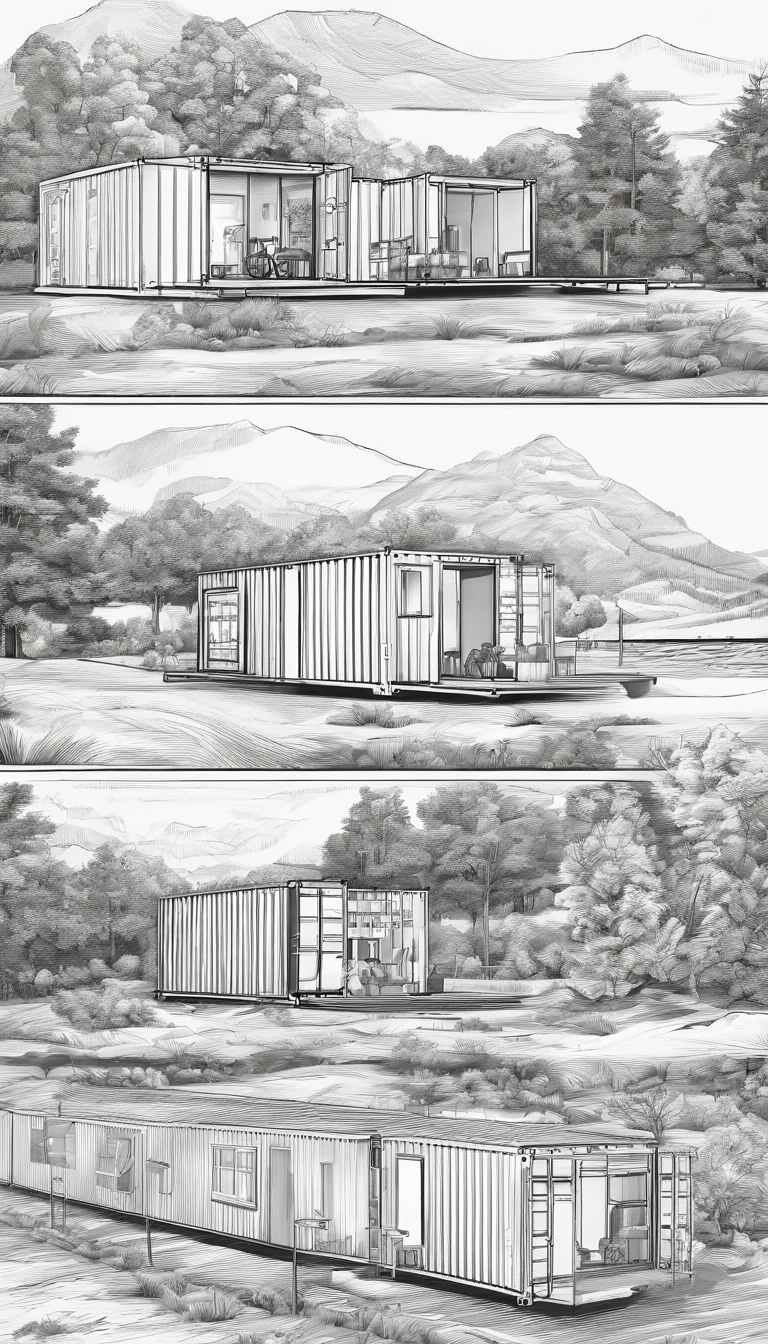 A series of shipping container buildings, each 40ft in length, single story, one building is a plastics recycling workshop, the next building is a mushroom farm on a trailer, the third is a biodigester building, synchronized with the surrounding forest landscape, best quality, ultra-detailed,natural lighting, monochromatic color scheme, neutral tones, realistic:1.37, community garden boxes on the ground, solar arrays