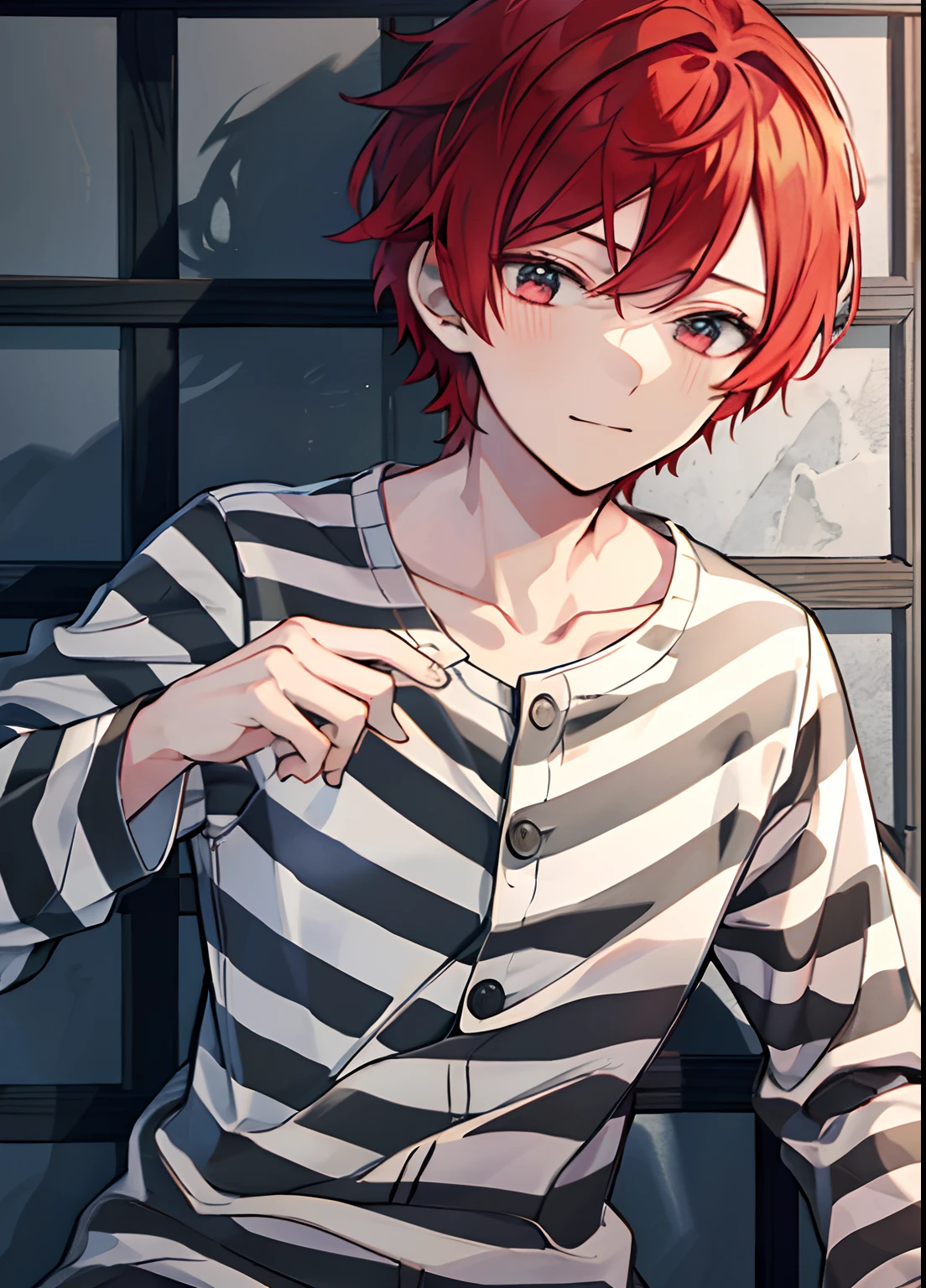 1boy, Handsome man, Solo,Very short red hair, red hair, up looking_で_viewer, ((masutepiece,Best Quality)), Beautiful detailed eyes, beautifull detailed face、Sleepy face、sleepy expression、A slight smile, (((priclothes))), (((striped clothes))), shirt, outfit, (long sleeves), prisoner, clothes, clothing, black and white stripes, prison cell, young, buttons