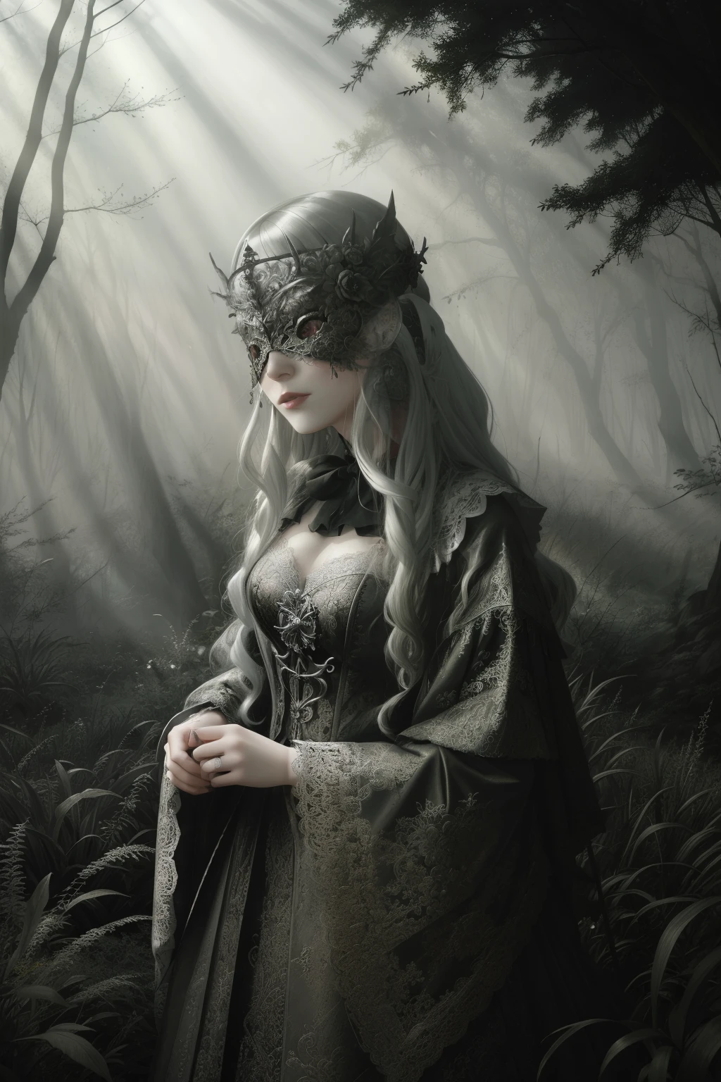 a woman wearing a silver blind mask, gothic dress, lace trim, tone mapped, detailed, highly detailed, digital painting, artstation, concept art, smooth, sharp focus, beautiful illustration, photo, dramatic lighting, god rays, fog, outdoors, dense forest, (natural background), intricate, film grain, professional, taken by a canon eos r5, facing the viewer,