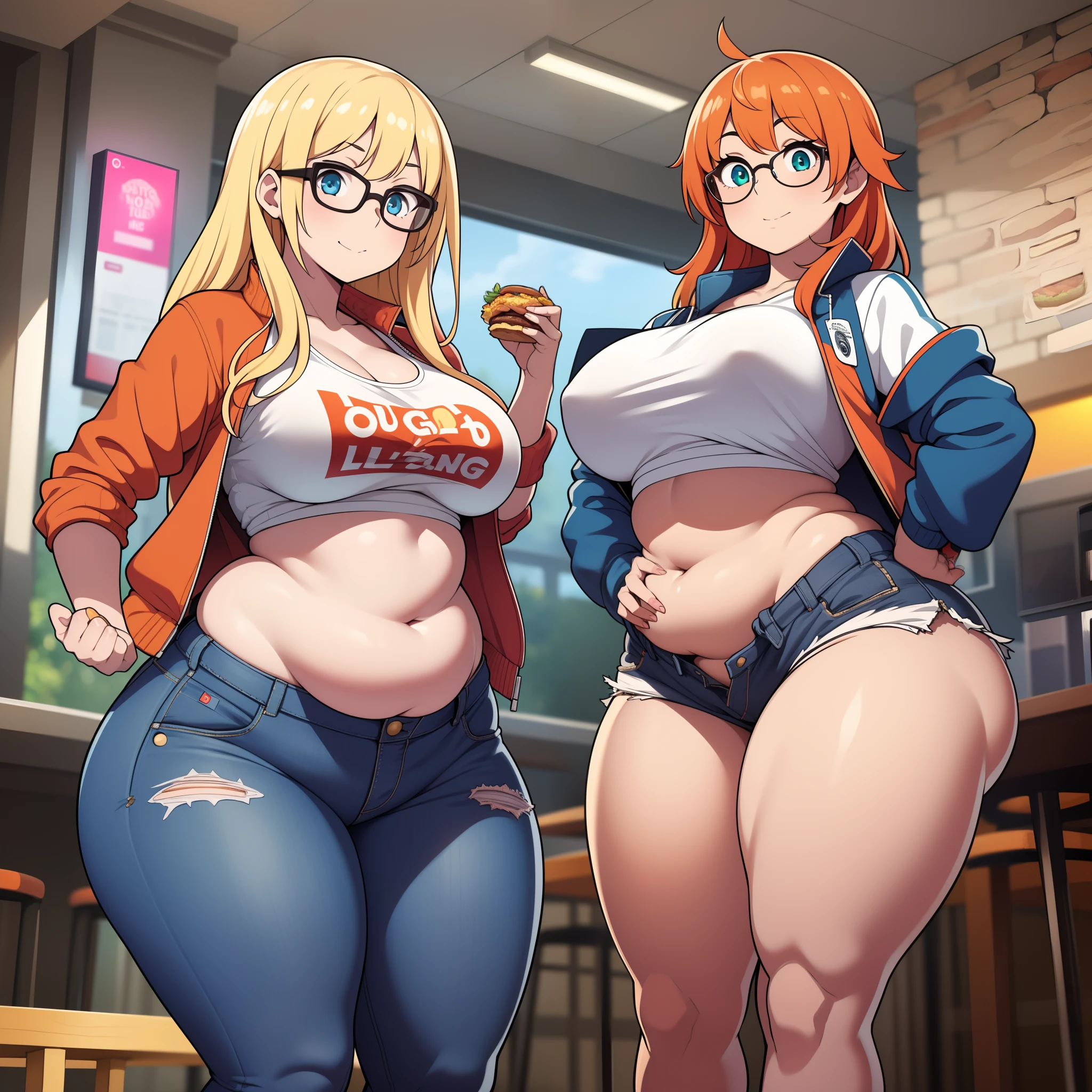 ((highres)), Masterpiece, high quality, best quality, beautiful, perfect lighting, detailed face, ultra cute face, ((2girls)), one girl has blonde hair, blue eyes, glasses, crop top and shorts skindentation, one girl has orange hair, green eyes, jeans, white shirt, jacket, thighs clothes, full body, fast food restaurant, medium breasts, perky breasts, ((wide hips)), (thick thighs), curvy, ((pudgy)), fat folds, belly bulge, standing next to each other,