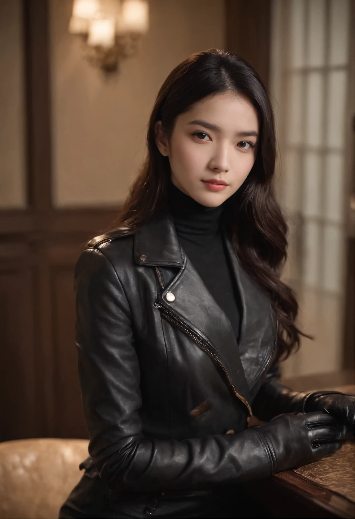 I'm wearing black leather gloves up to my fingertips in both hands and covering my upper body. Black leather double rider jacket. Slender necklace. A young and cute Japanese girl with beautiful black hair. Sitting on a black leather chair at the desk in the president's room at night. Pray.