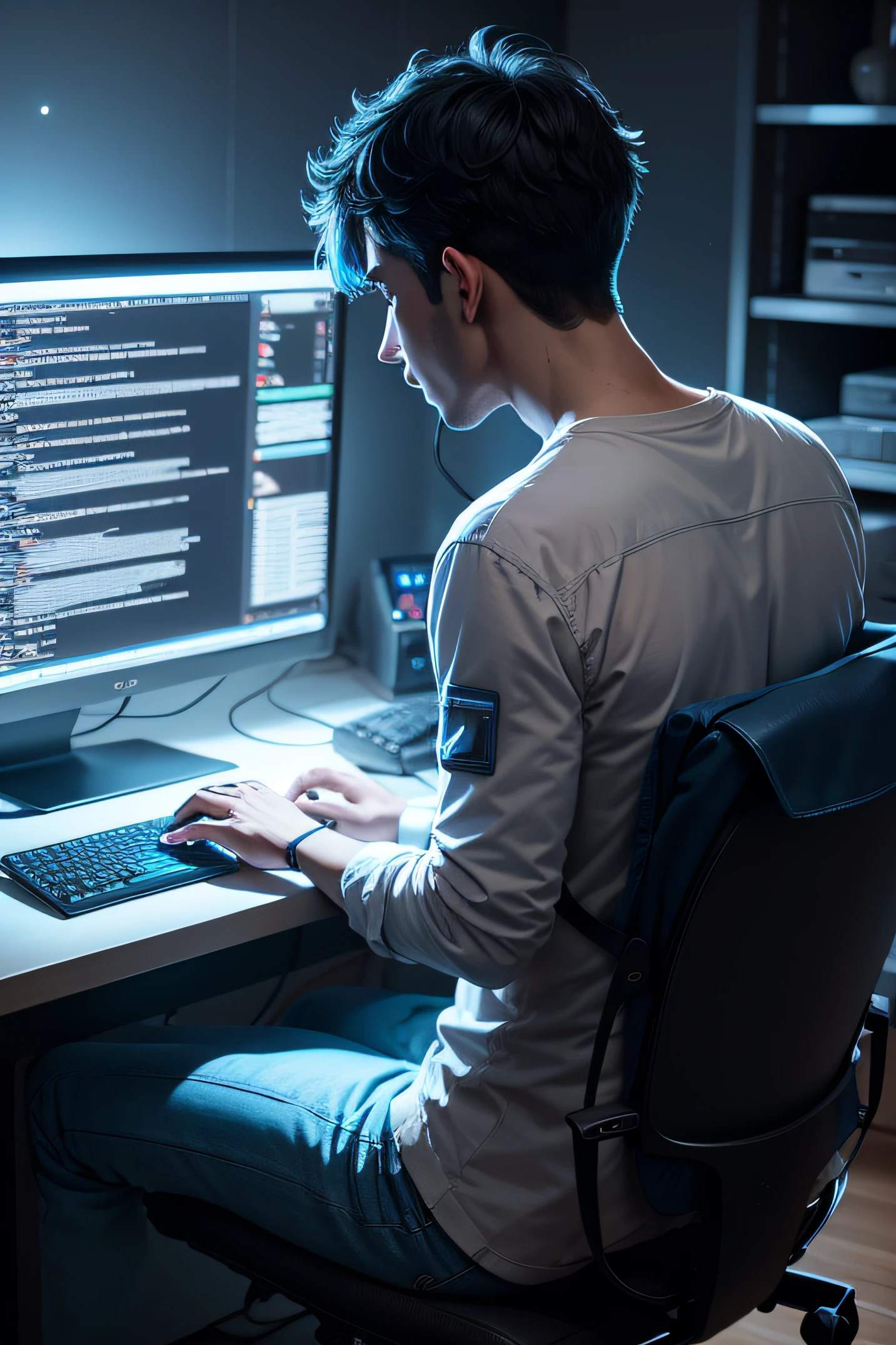 programmer with his back to the computer with blue lights 8k