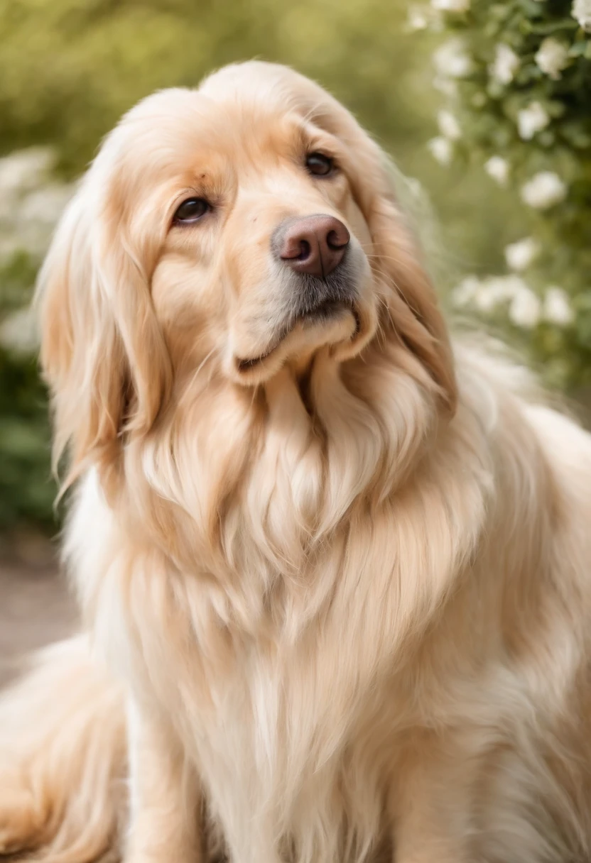Golddust York dog with all golden fur and very long flowing hair lying in a beautiful garden on a sunny day