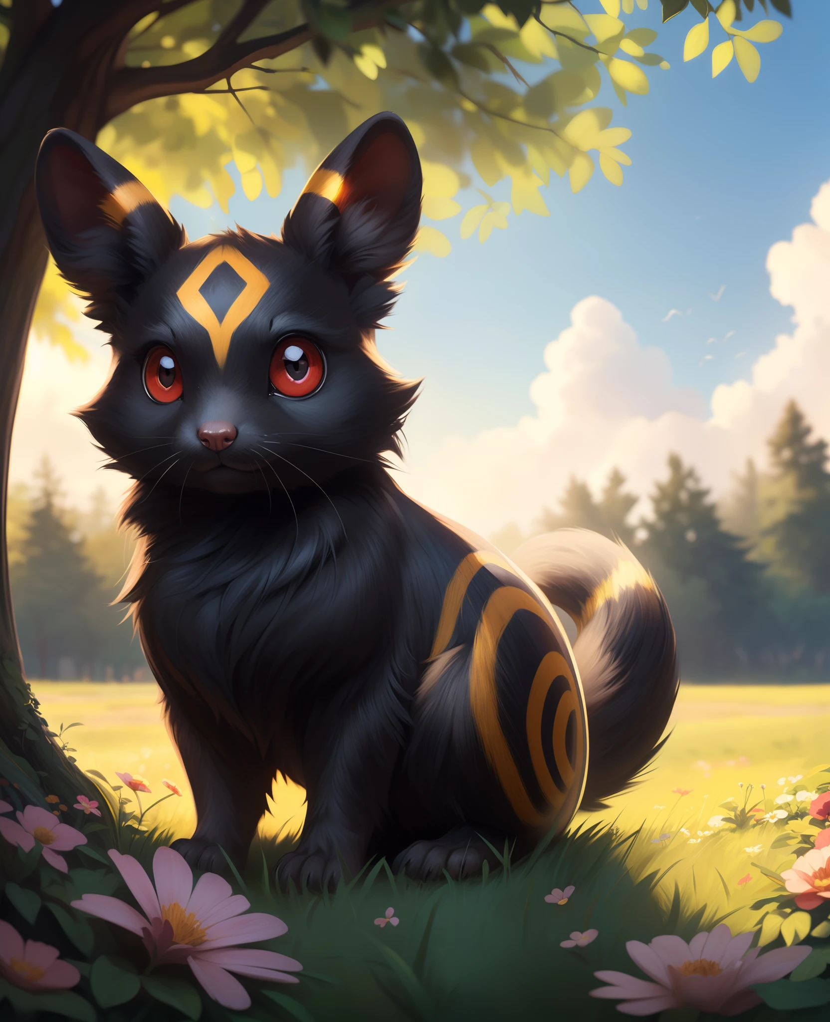 uploaded on e621, ((by Harriet Backer, by S1M, by The Giant Hamster, by Reylia Slaby)),
solo (quadruped feral:1.4), (((Umbreon), grey black body, red eyes)),
((detailed fluffy fur)), (full-length portrait, looking at viewer),
BREAK,
(grass, plant, flower, sky, cloud),
(detailed background, depth of field, half body shadow, sunlight, ambient light on the body),
(masterpiece, best quality, ultra realistic, 4k, 2k, (intricate:0.9), (high detail:1.4), film photography, (soft focus:1.2),
RAW photo, photorealistic, analog style, subsurface scattering, photorealism, absurd res)