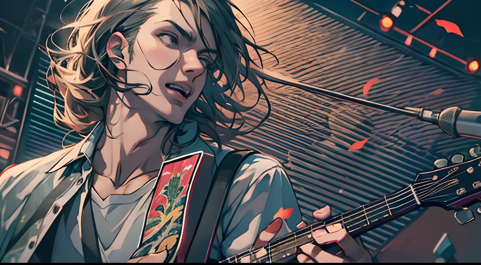 holding the mic Flowing in the wind stage length hair Man with a guitar