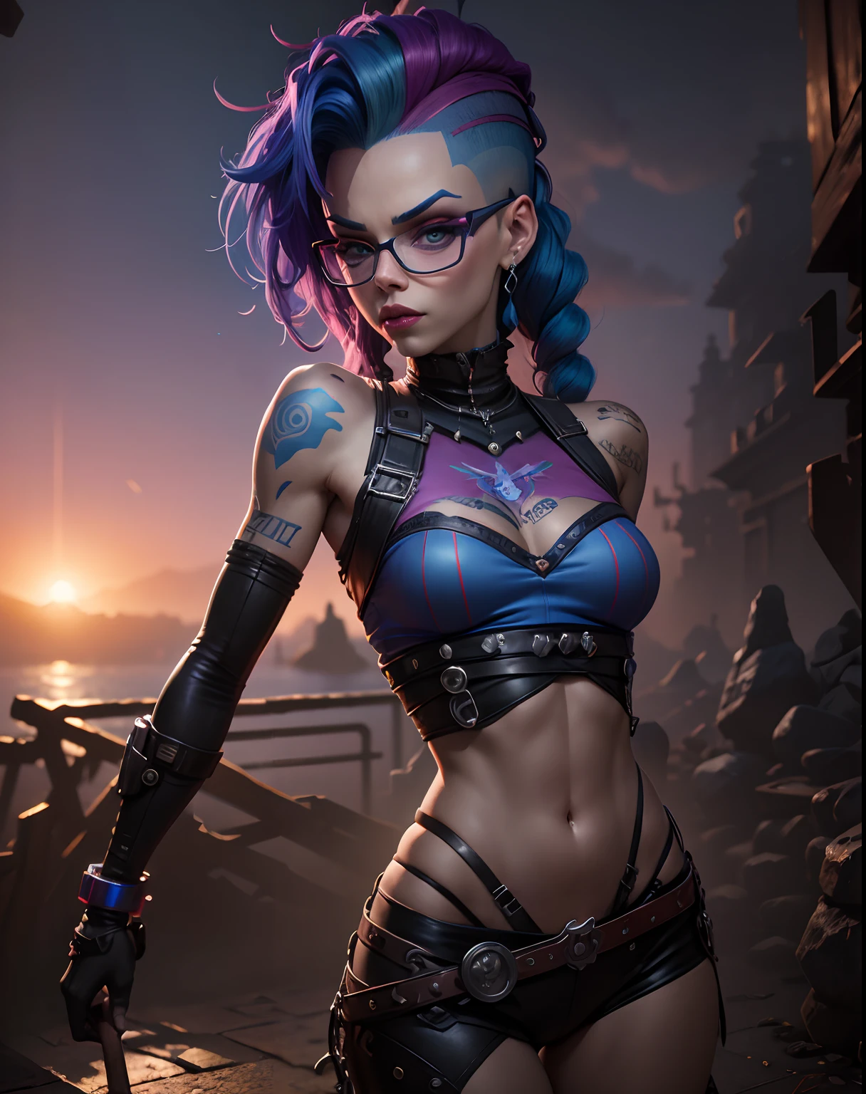 There's a woman with blue hair and tattoos posing for a photo, Retrato de Jinx de Arcane, deviantart artstation cgscosiety, Vencedor do concurso Artstation, Jinx de League of Legends, 3 d render arte do caractere 8 k, Jinx, Arcano, 3 d render stylized, (octan render) estilo fantasia, Trending in ArtStation 4K