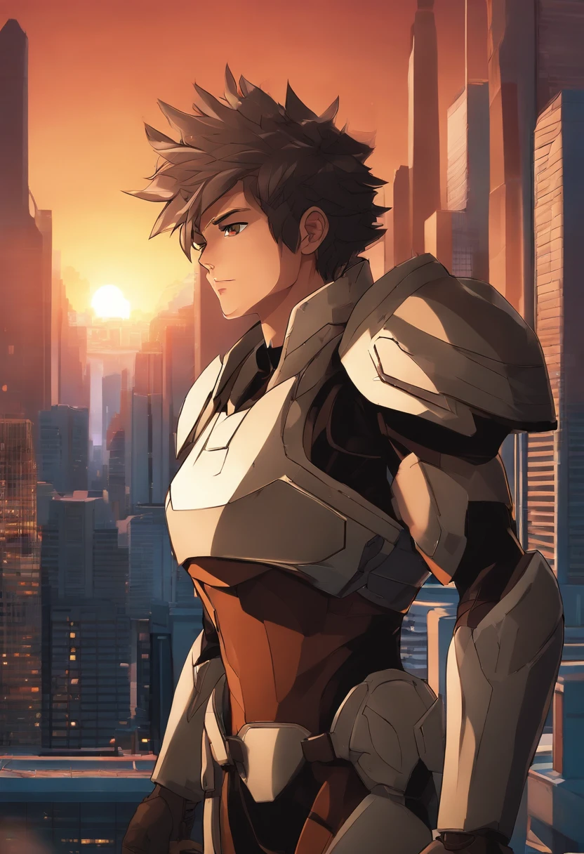 Create a poster featuring an original anime-style character. The character is a young hero with spiky hair and bright, determined eyes. They are wearing a futuristic suit of armor and striking a dynamic pose. The background is a cityscape at sunset, with tall buildings silhouetted against a vibrant sky. The overall style of the poster is reminiscent of anime, with bold lines, dramatic lighting, and a sense of action and excitement