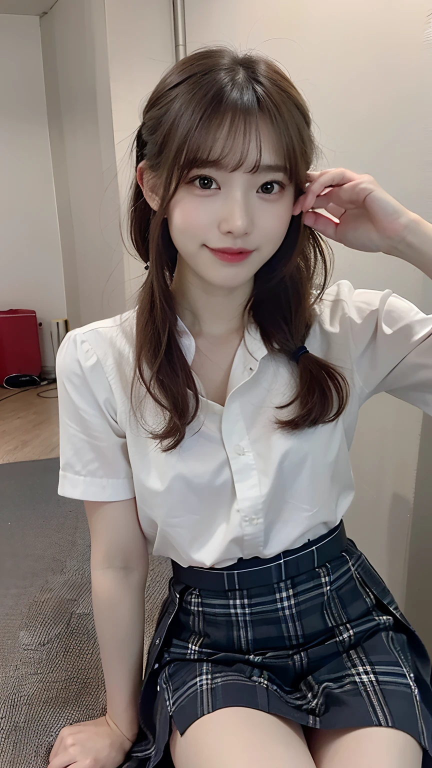 (masterpiece:1.3), (8K, Photorealsitic, Raw photography, Top image quality: 1.4), Japan high school girls、(Random hairstyles:1.2)、(small tits:1.3)、Super Detail Face、Eye of Detail、二重まぶた、foco nítido:1.2、prety woman:1.4、light brown hair、top-quality、masterpiece、超A high resolution、(Photorealsitic:1.4)、very detailed and professional lighting、slender、(A smile)、(eye line:1.1)、(Looking at the camera)、(full body Esbian)、Japanese girls' high school uniform、The skirt is plaid、((Flipping up a skirt))