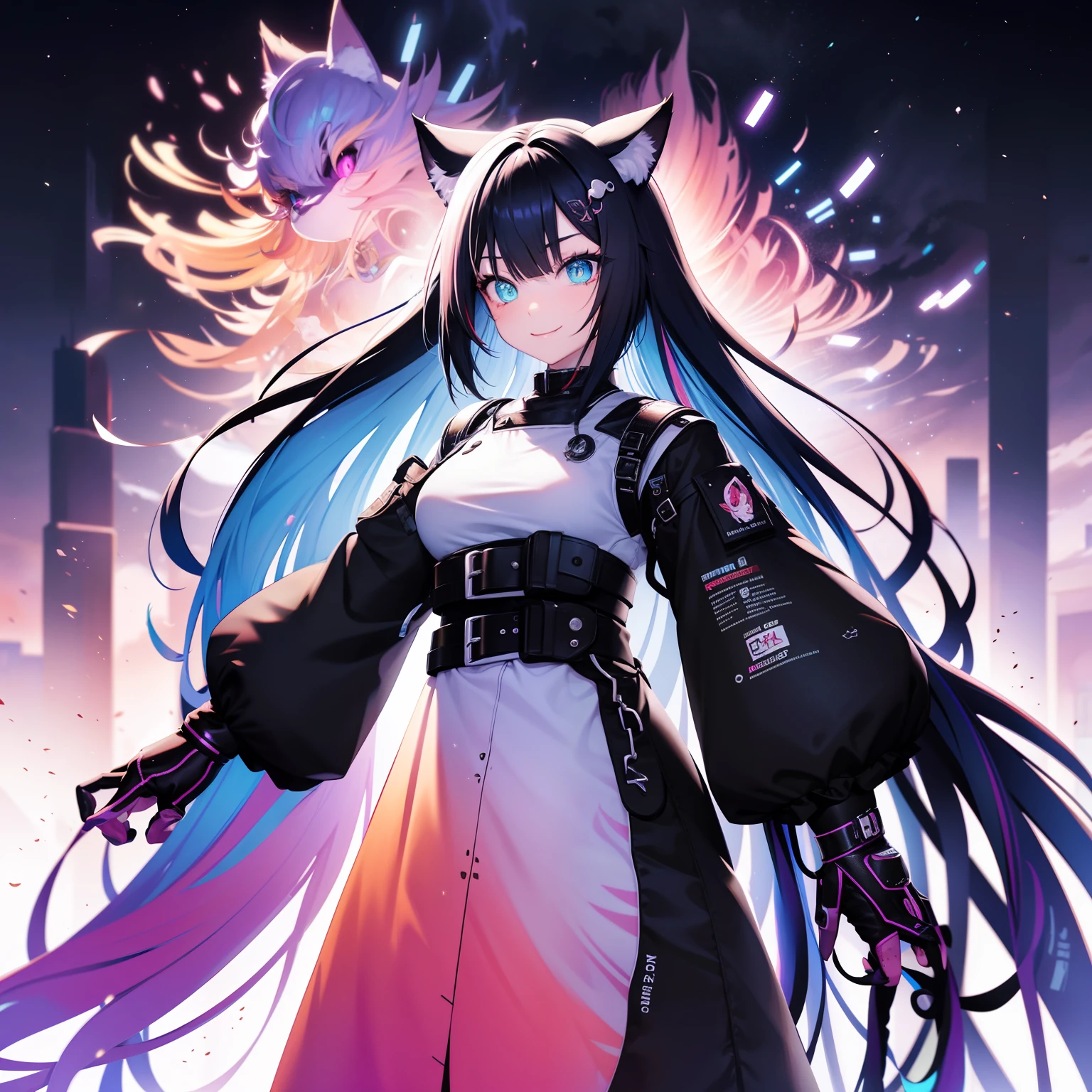 multicolored hair, colored inner hair, gradient hair, ahoge, curly hair, very long hair, bone hair ornament, cat hair ornament, multicolored eyes, empty eyes, dilated pupils, hollow eyes, symbol-shaped pupils, aqua eyes, gradient eyes, amber eyes, colored eyelashes, longeyelashes, fox ears, cat ears, smile, shy, Surrealism, anime, sparkle, glowing light, jpeg artifacts, first-person view, cowboy shot, 8k, super detail, 16k, 8k, best quality, high quality, super detail, masterpiece,
