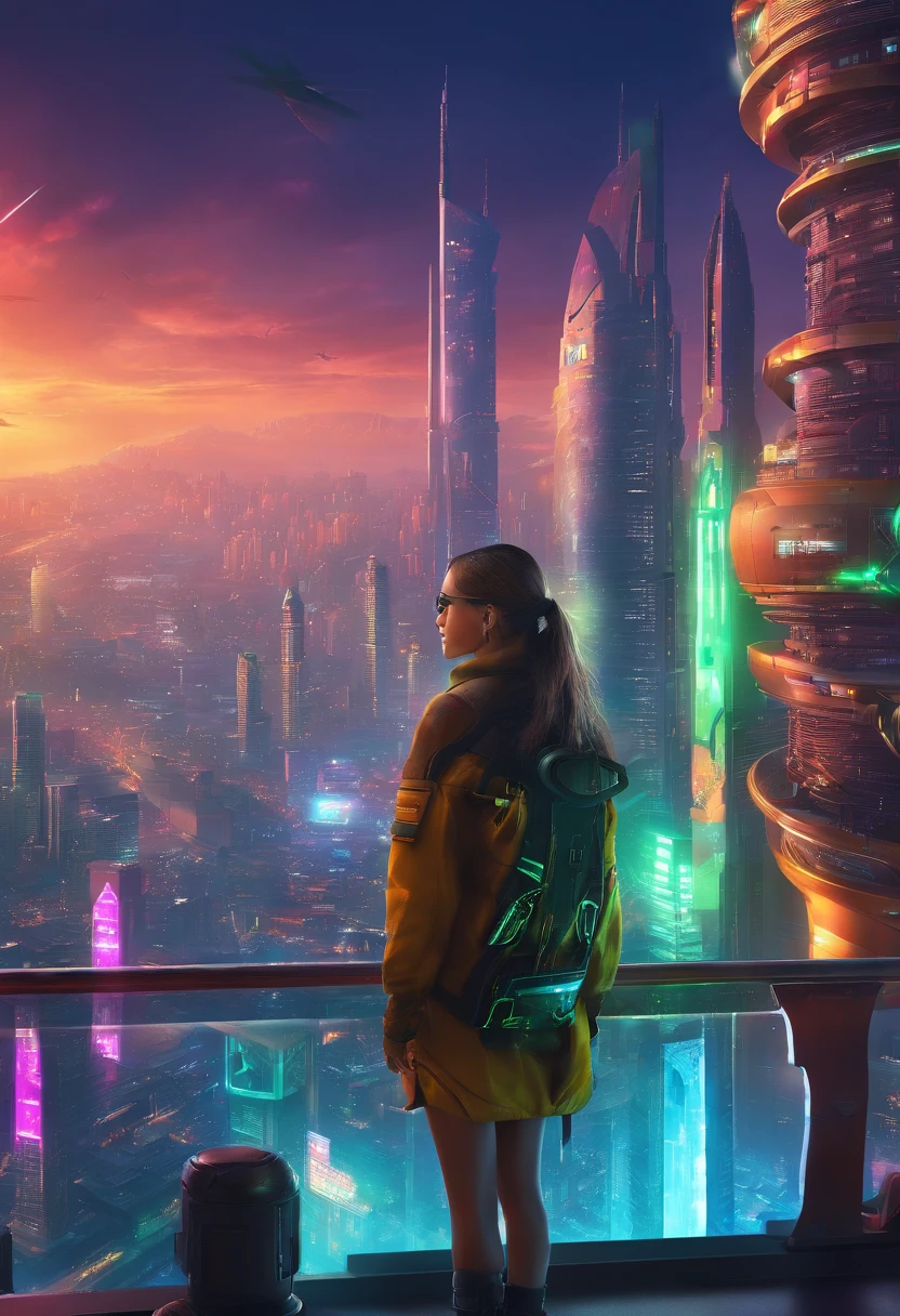 tmasterpiece,16k,UHD resolution,Detailed depiction,photorealestic,realisticlying,Very realistic,Foto realism, The ultra-detailliert, Futuristic woman in futuristic city with futuristic futuristic green city in background,green plant,Small flying machines sail around the city,Futuristic city with futuristic train and futuristic architecture, inspired by Marek Okon, Beautiful sci-fi art, Science-fi digital art illustration, Digital cyberpunk art, science fiction digital painting, futuristic digital painting, futuristic concept art, in front of a sci fi cityscape, science fiction digital art, Advanced digital cyberpunk art, dreamy cyberpunk girl