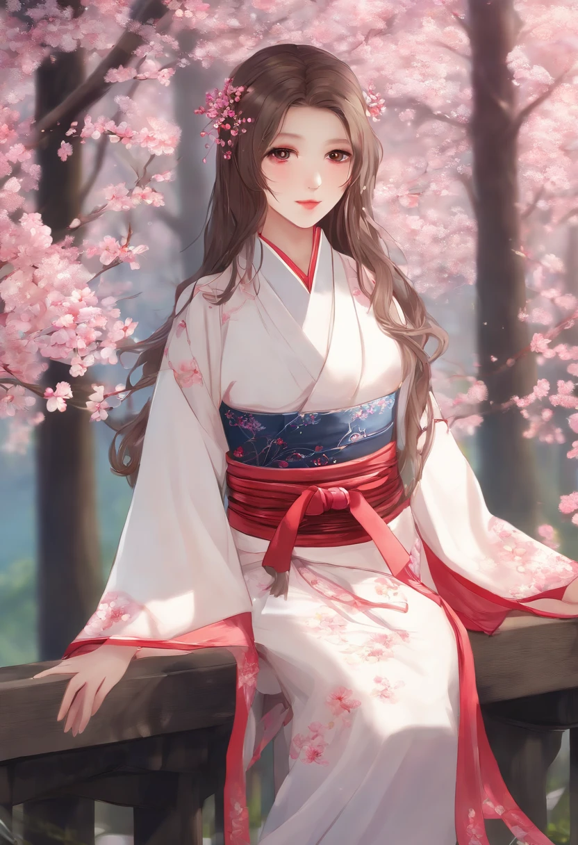 1girl , upper body, expressionless, japanese clothes, long hair, solo, cherry blossoms, looking at viewer,