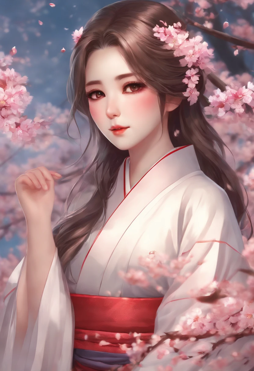 1girl , upper body, expressionless, japanese clothes, long hair, solo, cherry blossoms, looking at viewer,