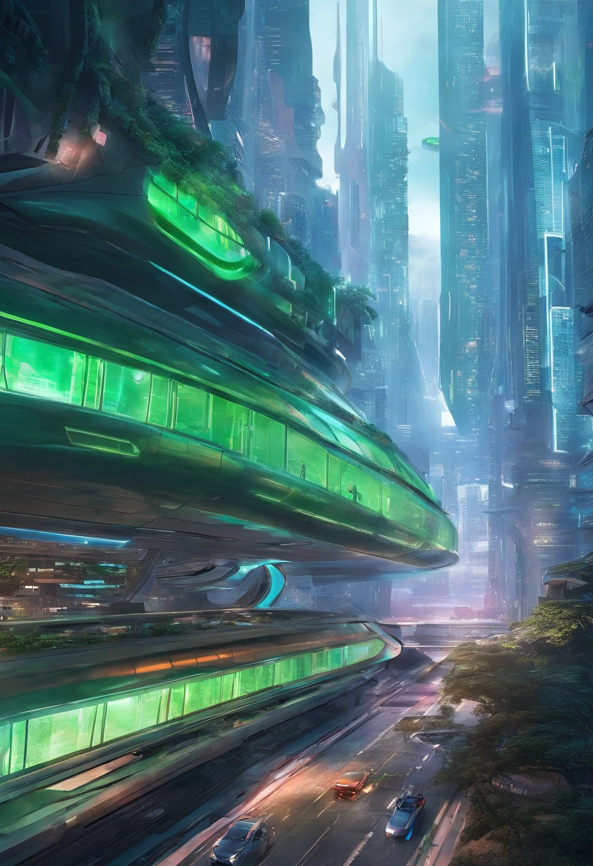 tmasterpiece，16k，UHD resolution，Detailed depiction，photorealestic，realisticlying，Very realistic，Foto realism, The ultra-detailliert, Futuristic woman in futuristic city with futuristic futuristic green city in background,green plant，Small flying machines sail around the city，Futuristic city with futuristic train and futuristic architecture， inspired by Marek Okon, Beautiful sci-fi art, Science-fi digital art illustration, Digital cyberpunk art, science fiction digital painting, futuristic digital painting, futuristic concept art, in front of a sci fi cityscape, science fiction digital art, Advanced digital cyberpunk art, dreamy cyberpunk girl