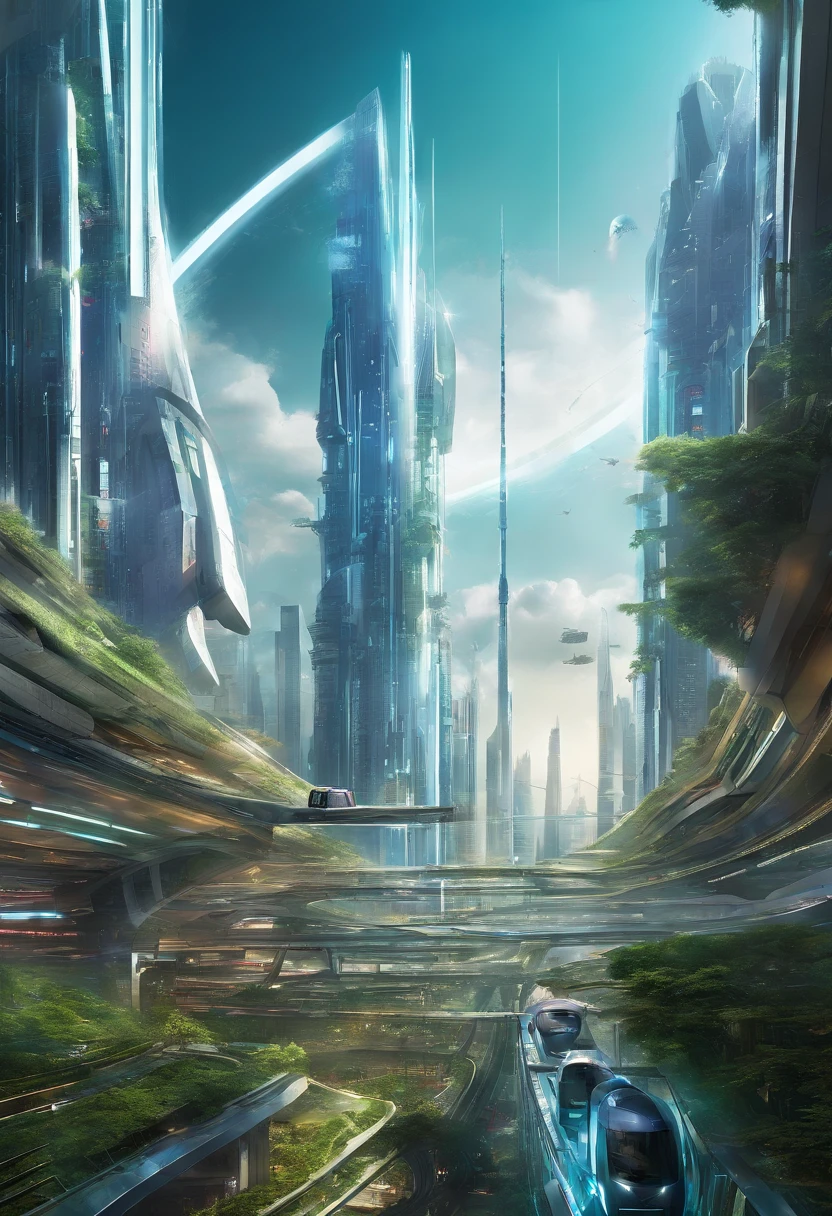 tmasterpiece,16k,UHD resolution,Detailed depiction,photorealestic,realisticlying,Very realistic,Foto realism, The ultra-detailliert, Futuristic woman in futuristic city with futuristic futuristic green city in background,green plant,Small flying machines sail around the city,Futuristic city with futuristic train and futuristic architecture, inspired by Marek Okon, Beautiful sci-fi art, Science-fi digital art illustration, Digital cyberpunk art, science fiction digital painting, futuristic digital painting, futuristic concept art, in front of a sci fi cityscape, science fiction digital art, Advanced digital cyberpunk art, dreamy cyberpunk girl