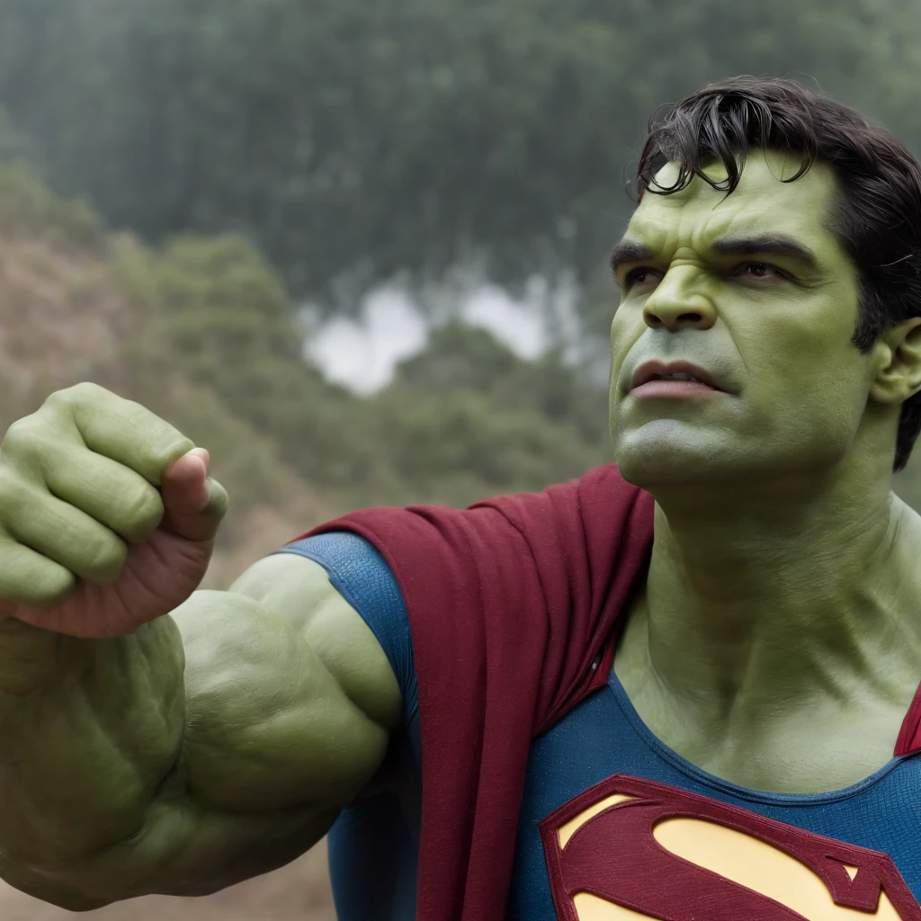 Superman lutando com o Hulk numa cidade de minas gerais