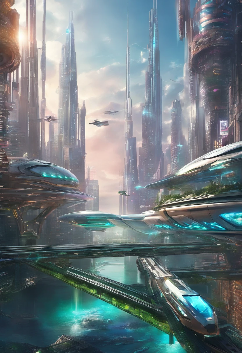 tmasterpiece，16k，UHD resolution，Detailed depiction，photorealestic，realisticlying，Very realistic，Foto realism, The ultra-detailliert, Futuristic woman in futuristic city with futuristic futuristic green city in background,green plant，Small flying machines sail around the city，Futuristic city with futuristic train and futuristic architecture， inspired by Marek Okon, Beautiful sci-fi art, Science-fi digital art illustration, Digital cyberpunk art, science fiction digital painting, futuristic digital painting, futuristic concept art, in front of a sci fi cityscape, science fiction digital art, Advanced digital cyberpunk art, dreamy cyberpunk girl