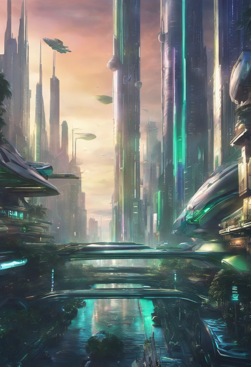 tmasterpiece,16k,UHD resolution,Detailed depiction,photorealestic,realisticlying,Very realistic,Foto realism, The ultra-detailliert, Futuristic woman in futuristic city with futuristic futuristic green city in background,green plant,Small flying machines sail around the city,Futuristic city with futuristic train and futuristic architecture, inspired by Marek Okon, Beautiful sci-fi art, Science-fi digital art illustration, Digital cyberpunk art, science fiction digital painting, futuristic digital painting, futuristic concept art, in front of a sci fi cityscape, science fiction digital art, Advanced digital cyberpunk art, dreamy cyberpunk girl