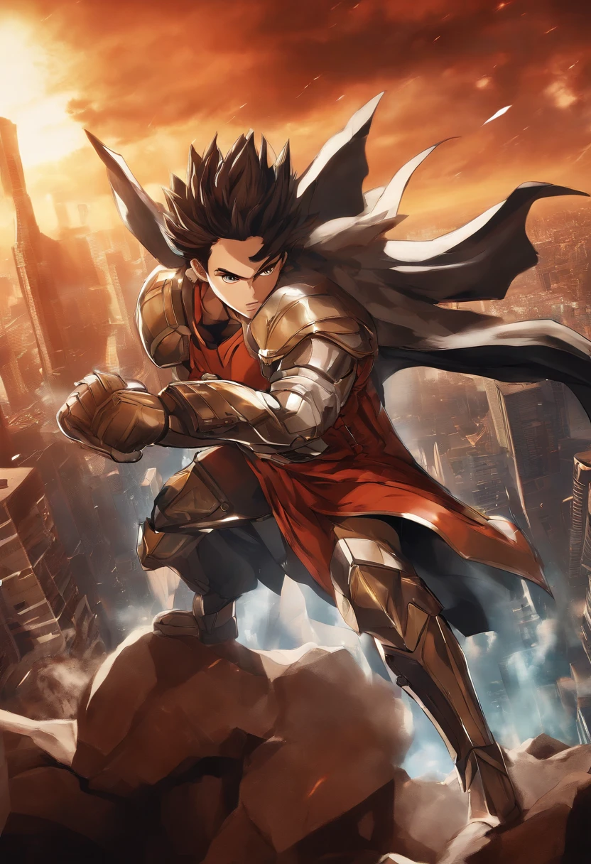 Create an anime-style poster using the Niji model. The character is a young, fiery hero with spiky, explosive hair and fierce, determined eyes. He is wearing a futuristic suit of armor and striking a dynamic, aggressive pose. His expression is intense, as if he's shouting a battle cry. The background is a cityscape in the midst of an epic battle, with explosions lighting up the sky. The overall style of the poster is reminiscent of shonen anime, with bold lines, dramatic lighting, and a sense of high-stakes action.