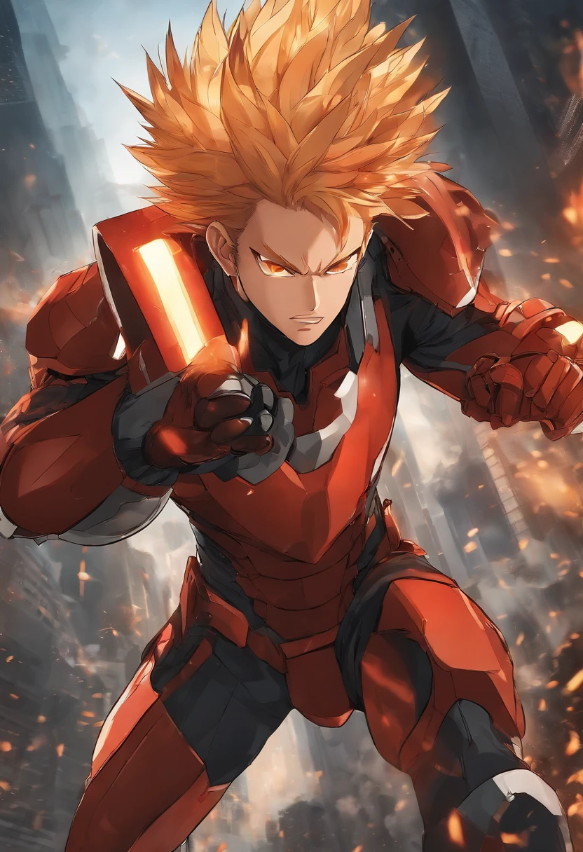 Create an anime-style poster using the Niji model. The character is a young, fiery hero with spiky, explosive hair and fierce, determined eyes. He is wearing a futuristic suit of armor and striking a dynamic, aggressive pose. His expression is intense, as if he's shouting a battle cry. The background is a cityscape in the midst of an epic battle, with explosions lighting up the sky. The overall style of the poster is reminiscent of shonen anime, with bold lines, dramatic lighting, and a sense of high-stakes action.