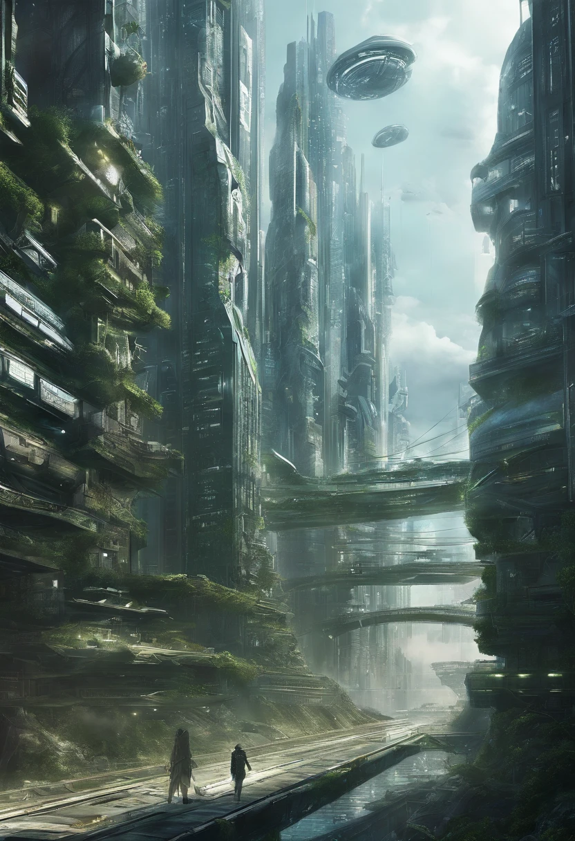 tmasterpiece，16k，UHD resolution，Detailed depiction，photorealestic，realisticlying，Very realistic，Foto realism, The ultra-detailliert, Futuristic woman in futuristic city with futuristic futuristic green city in background,green plant，Small flying machines sail around the city，Futuristic city with futuristic train and futuristic architecture， inspired by Marek Okon, Beautiful sci-fi art, Science-fi digital art illustration, Digital cyberpunk art, science fiction digital painting, futuristic digital painting, futuristic concept art, in front of a sci fi cityscape, science fiction digital art, Advanced digital cyberpunk art, dreamy cyberpunk girl