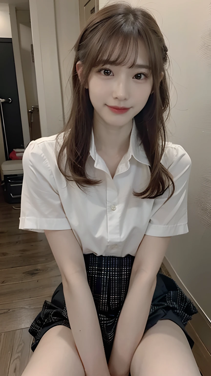 (masterpiece:1.3), (8K, Photorealsitic, Raw photography, Top image quality: 1.4), Japan high school girls、(Random hairstyles:1.2)、(small tits:1.3)、Super Detail Face、Eye of Detail、二重まぶた、foco nítido:1.2、prety woman:1.4、light brown hair、top-quality、masterpiece、超A high resolution、(Photorealsitic:1.4)、very detailed and professional lighting、slender、(A smile)、(eye line:1.1)、(Looking at the camera)、(full body Esbian)、Japanese girls' high school uniform、The shirt is plain and white、The skirt is plaid、(Panties are visible)、((Bend your knees and open your legs wide))、
