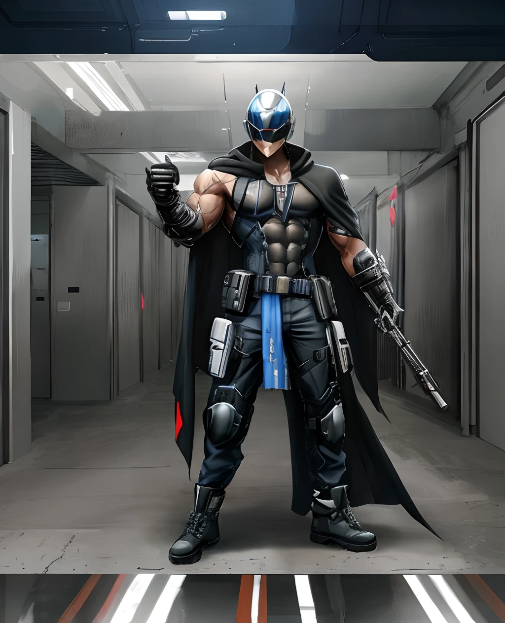 male, muscular male, helmet covering all of face, cyberpunk style helmet, cloak, utopian suit
