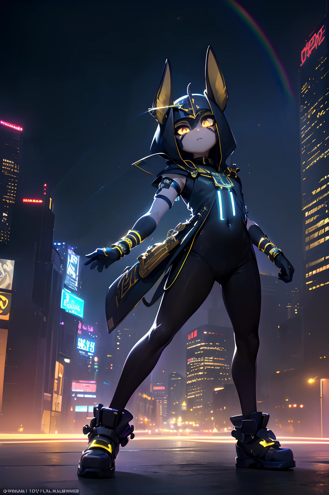 (Dynamic Angle:1.4), ((Full body posing:1.5), (Colorful:1.2), (Highly detailed CG Unity 16K wallpaper:1.1), (Denoising strength: 1.45), (tmasterpiece:1.37), ((Official art)), of the highest quality, (Realistic), Male child, (Short-cut hair:1.2),(Anubis Costume:1.5),Black hair,Glowing eyes,(blue eyess:1.2),((Poses in motion:1.4)),((Anubis Costume:1.3)),wires, (LED:1.3), (a hologram:1.2), futuristic city street, Neon light, Skyscrapers, (Night:1.2), (Rainbow Model:1.2), 8K resolution, (Anime style:1.3), Cinematic lighting, chromatic abberation, spark of light, Ray tracing, blending, ultra wide-angle, Hasselblad, (masutepiece), (masutepiece), ((Best Quality)), ((masutepiece)), nffsw