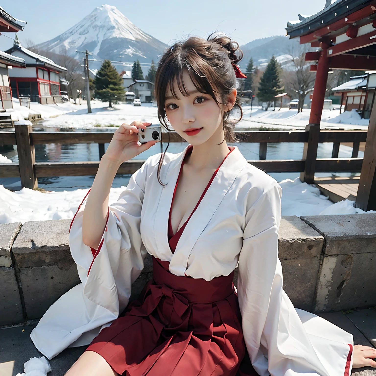 Woman in red skirt and white shirt is taking pictures, japanese girl school uniform, hakama kimono, Japan school uniform, Collar white and red, A Japanese style, Red kimono, Japanese style, traditional japanese, Wearing Hakama, japanese kimono,Outdoor background,Snowy landscape in the background ，Yuki ， Ultra-high image quality，No bra，feet visible ，You can see the valley ，cleavage of the breast ，Furisode ，Wide sleeves ，Wearing a priestess uniform ，Chest revealed ，The chest is visible ，japanes ，Natural smile ，Sleep posture ，Lying position