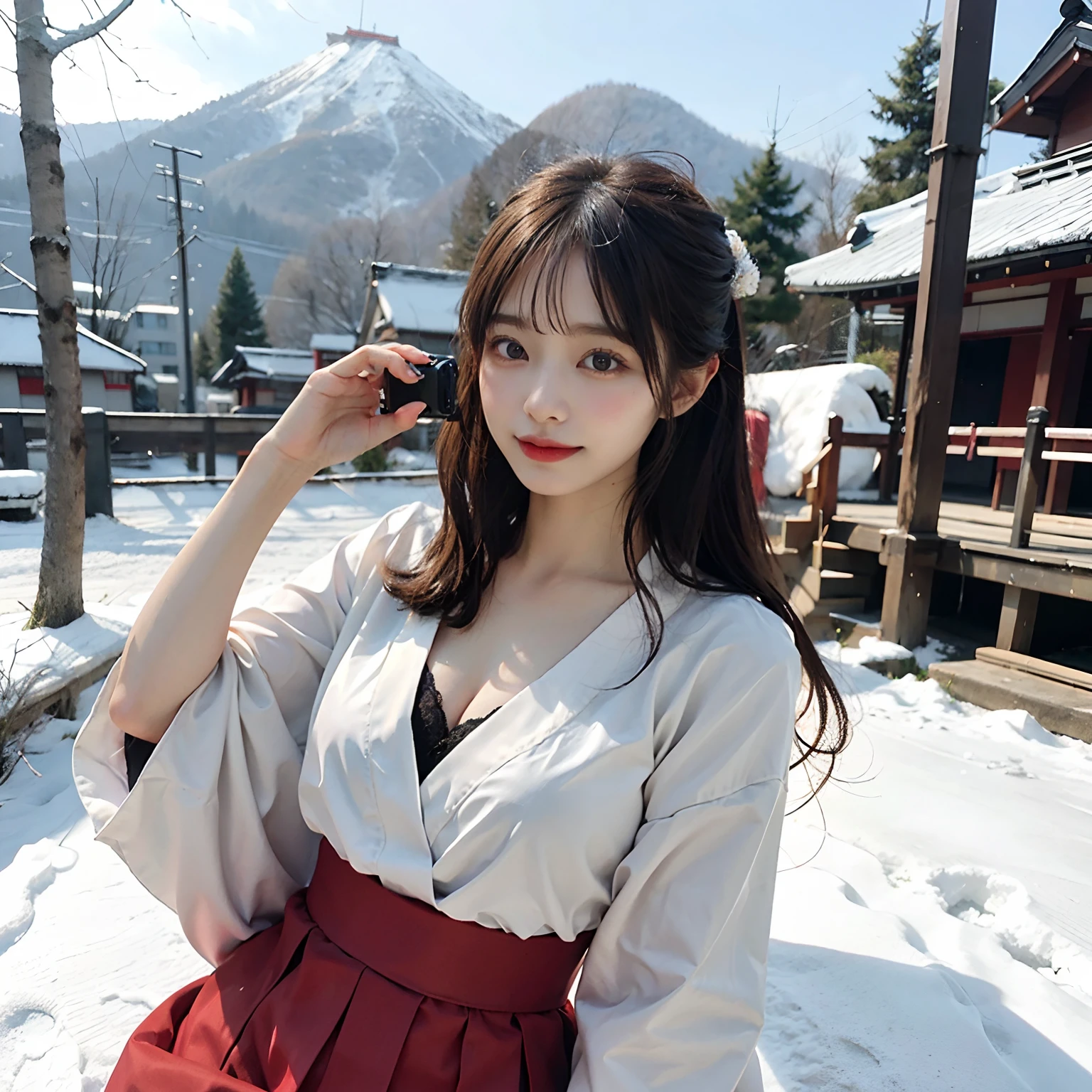 Woman in red skirt and white shirt is taking pictures, japanese girl school uniform, hakama kimono, Japan school uniform, Collar white and red, A Japanese style, Red kimono, Japanese style, traditional japanese, Wearing Hakama, japanese kimono,Outdoor background,Snowy landscape in the background ，Yuki ， Ultra-high image quality，No bra，feet visible ，You can see the valley ，cleavage of the breast ，Furisode ，Wide sleeves ，Wearing a priestess uniform ，Chest revealed ，The chest is visible ，japanes ，Natural smile ，Sleep posture ，Lying position