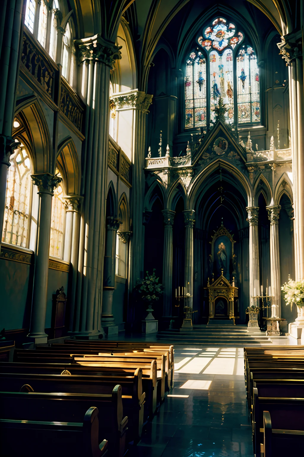 Arafed view of a church with pews and stained glass windows - SeaArt AI
