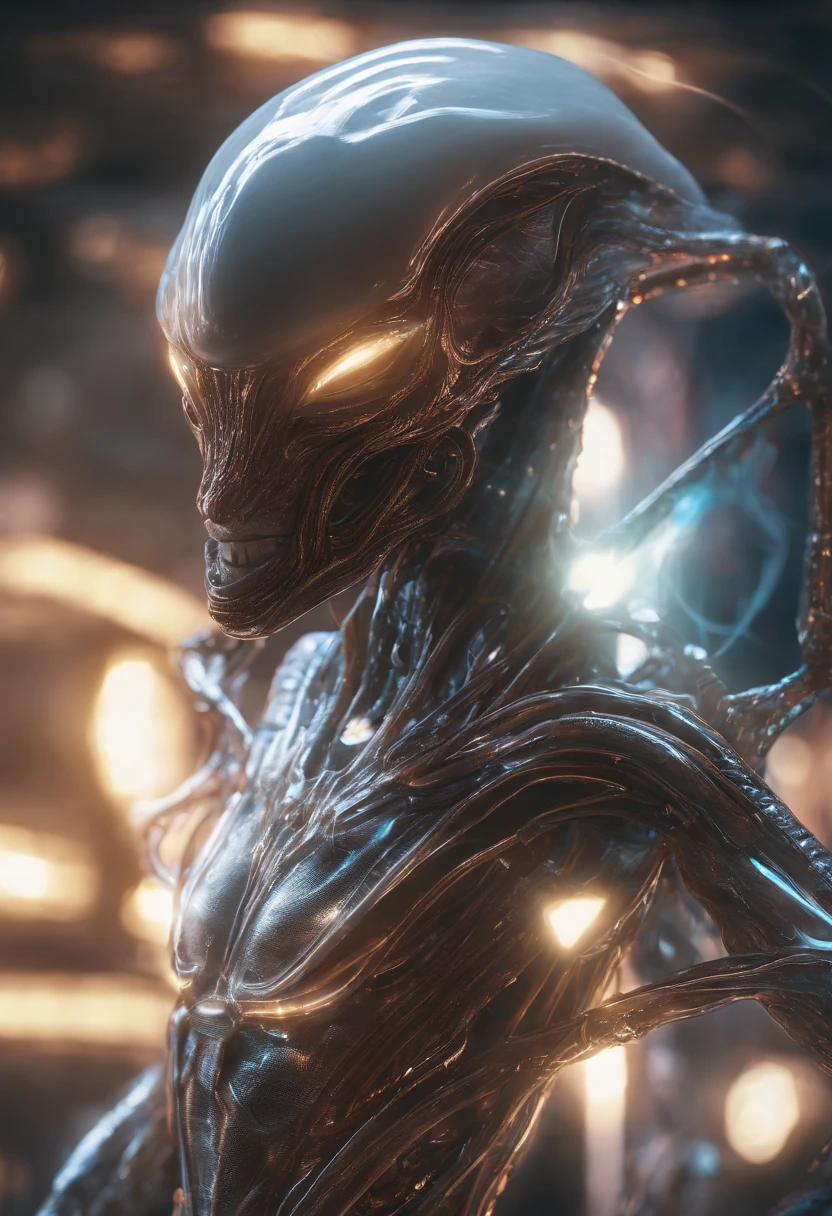 fantchar, a translucent ethereal alien with delicate features in a science fiction setting, brilhando por dentro, Sparks and lights, luar, lua, Close-up, Realistic, altamente detalhado, intrincado