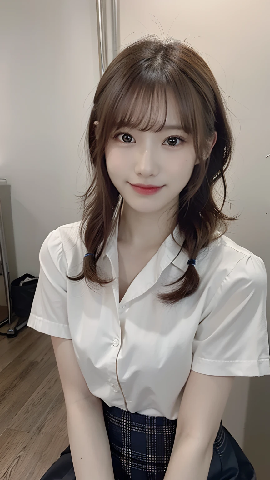 (masterpiece:1.3), (8K, Photorealsitic, Raw photography, Top image quality: 1.4), Japan high school girls、(Random hairstyles:1.2)、(small tits:1.3)、Super Detail Face、Eye of Detail、二重まぶた、foco nítido:1.2、prety woman:1.4、light brown hair、top-quality、masterpiece、超A high resolution、(Photorealsitic:1.4)、very detailed and professional lighting、slender、(A smile)、(eye line:1.1)、(Looking at the camera)、(full body Esbian)、Japanese girls' high school uniform、The shirt is plain and white、The skirt is plaid、(Panties are visible)、((Bend your knees and open your legs wide))、