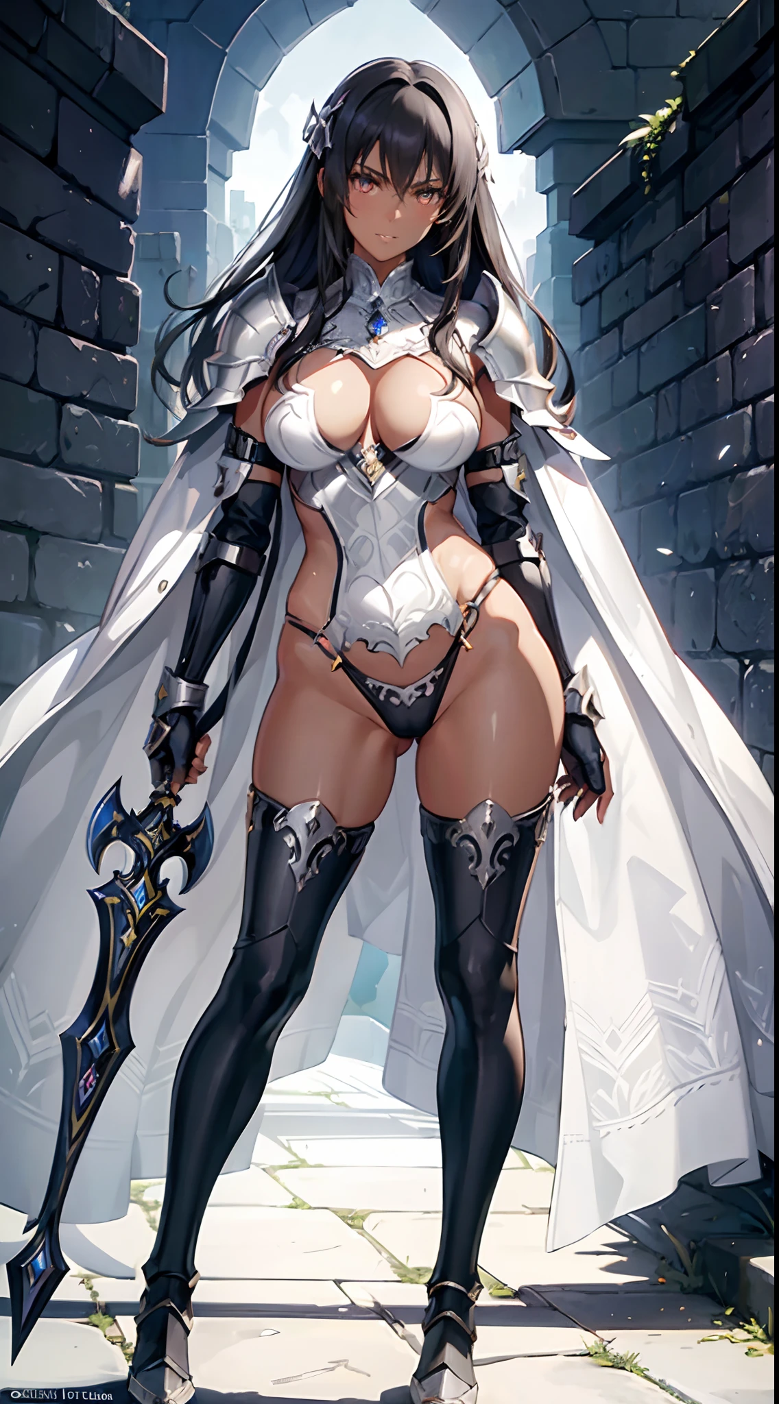 ((slanted eyes)),(milf),(((mature female,adult female))),solo,masterpiece, Top  Quality, ultra-definition, max resolution, A highly detailed,((((dark skin)))), extremely sexy,large breasts,blush,high legs,thong,armor girl, bikini armor female knight, Bikini Armor, bikini-armor, bikini-armor, ornate bikini armor, Female knight, Gorgeous Female Paladin,Beautiful armor,cleavage,over-knee sock,in palace,smile,standing,groin