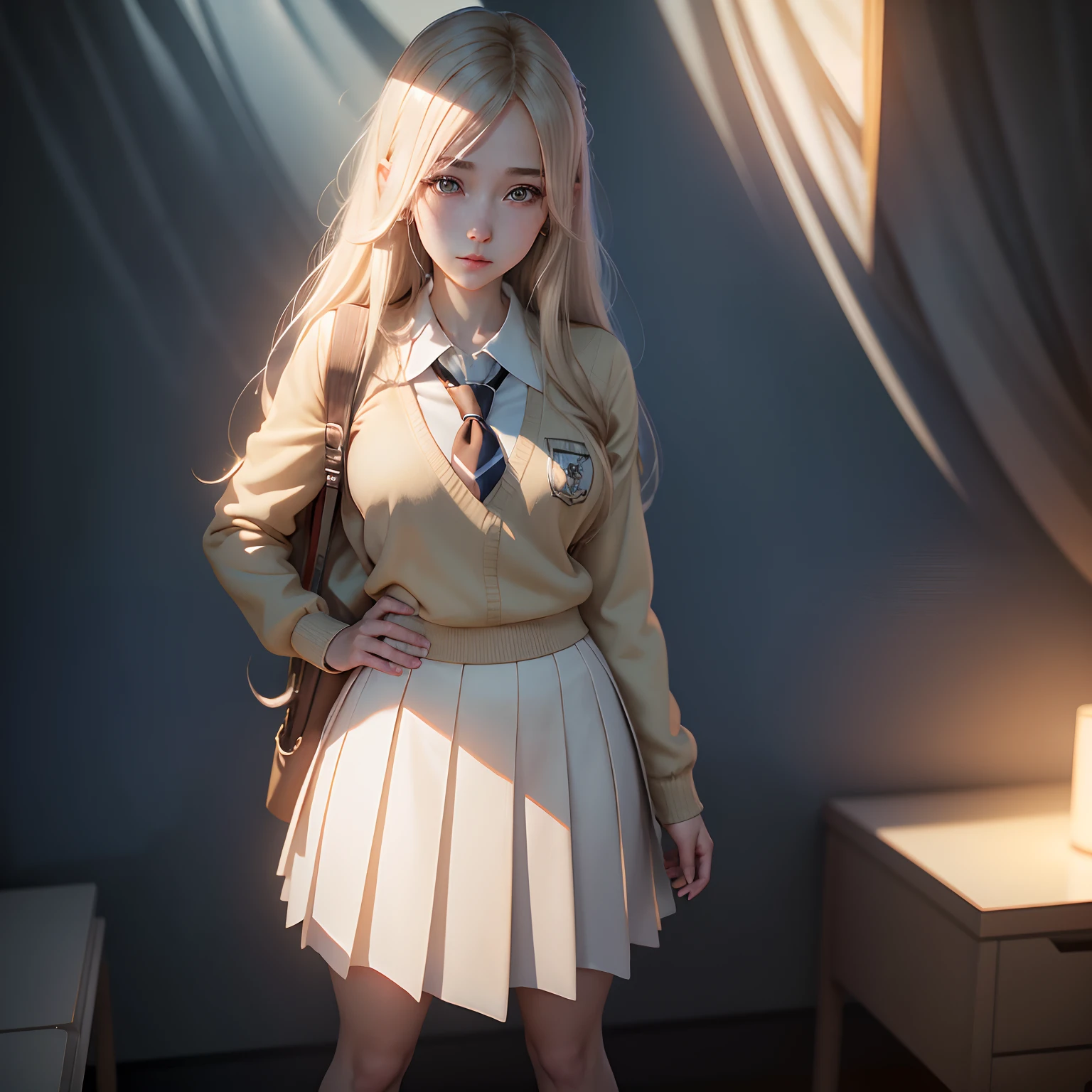 A captivating female anime character with a blissful expression, dressed in a school uniform, posed in a full body stance with ultra-detailed 3D rendering and a shimmering texture in ultra HD 8K hyper-realistic photo-realism.