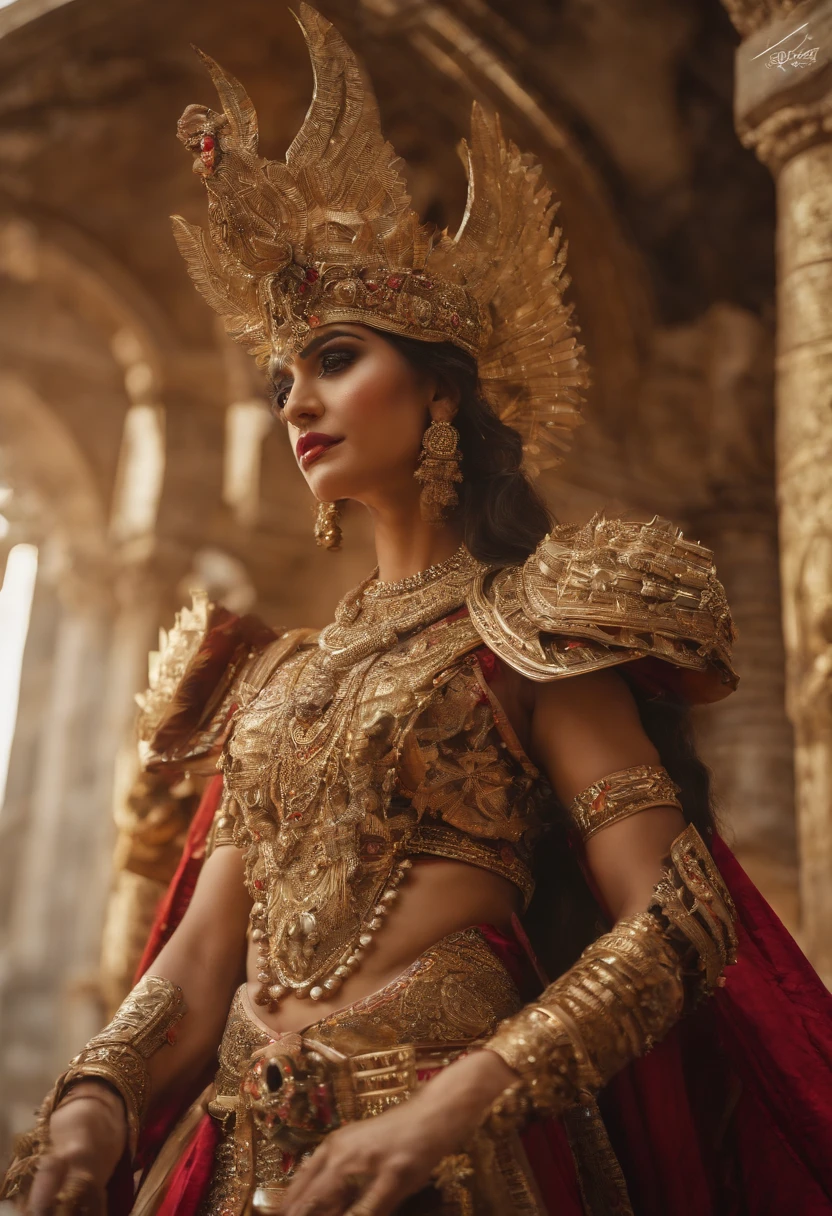 (1 girl), full bodyesbian,Saint Seiya Armor, Wearing the golden armor of an Aries,sexy armor, Detailed armor pattern,Bling armor,Gorgeous Hair in Long Purple,Plump breasts,gigantic cleavage breasts:1.6, Long hair,Shiny skin:1.4,primitive,tmasterpiece,ultra fine photos,,best qualtiy,超高分辨率,Photoreality,rays of sunshine,full-body portraits,stunningly beautiful,,dynamicposes,delicated face,Vibrant eyes,(seen from the side),Red and gold color scheme,Very detailed stone temple background,detailed face with,Detailed and complex busy background,Untidy,opulent,Highly detailed skin,Realistic details of skin,Visible Pore,tack sharp focus,volume fog,8K UHD,digital SLR camera,high qulity,filmgrain,White skin of the,photo-realism,DL, look from down, semi transparent