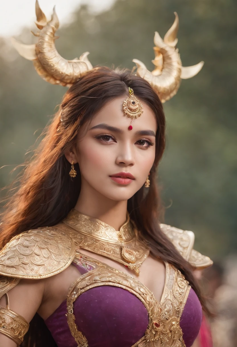 (1 girl), full bodyesbian,Saint Seiya Armor, Wearing the golden armor of an Aries,sexy armor, Detailed armor pattern,Bling armor,Gorgeous Hair in Long Purple,Plump breasts,gigantic cleavage breasts:1.6, Long hair,Shiny skin:1.4,primitive,tmasterpiece,ultra fine photos,,best qualtiy,超高分辨率,Photoreality,rays of sunshine,full-body portraits,stunningly beautiful,,dynamicposes,delicated face,Vibrant eyes,(seen from the side),Red and gold color scheme,Very detailed stone temple background,detailed face with,Detailed and complex busy background,Untidy,opulent,Highly detailed skin,Realistic details of skin,Visible Pore,tack sharp focus,volume fog,8K UHD,digital SLR camera,high qulity,filmgrain,White skin of the,photo-realism,DL, look from down, semi transparent