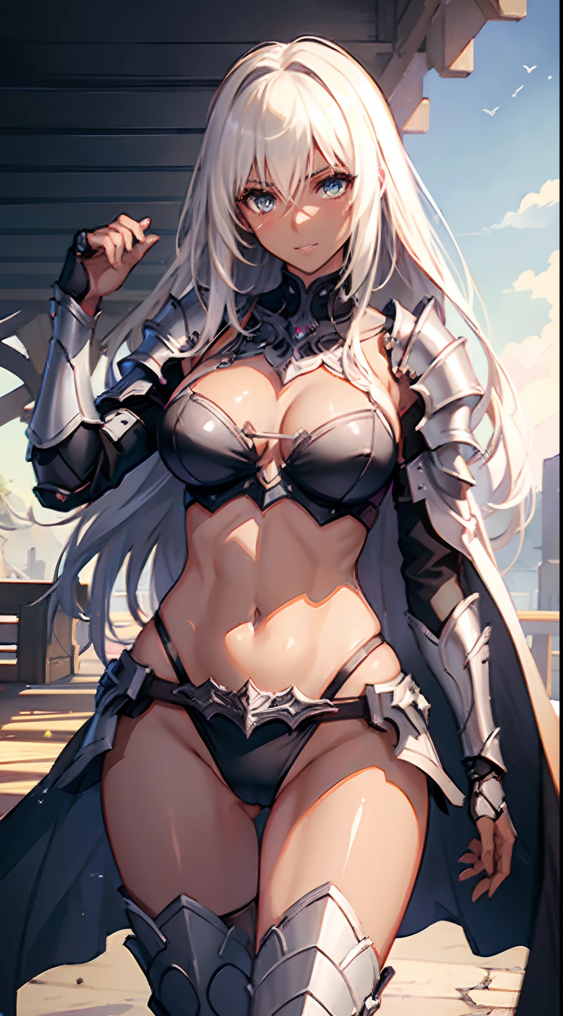 ((slanted eyes)),(milf),(((mature female,adult female))),solo,masterpiece, Top  Quality, ultra-definition, max resolution, A highly detailed,((((dark skin)))), extremely sexy,large breasts,blush,high legs,thong,armor girl, bikini armor female knight, Bikini Armor, bikini-armor, bikini-armor, ornate bikini armor, Female knight, Gorgeous Female Paladin,Beautiful armor,cleavage,over-knee sock,in palace,smile,standing,groin