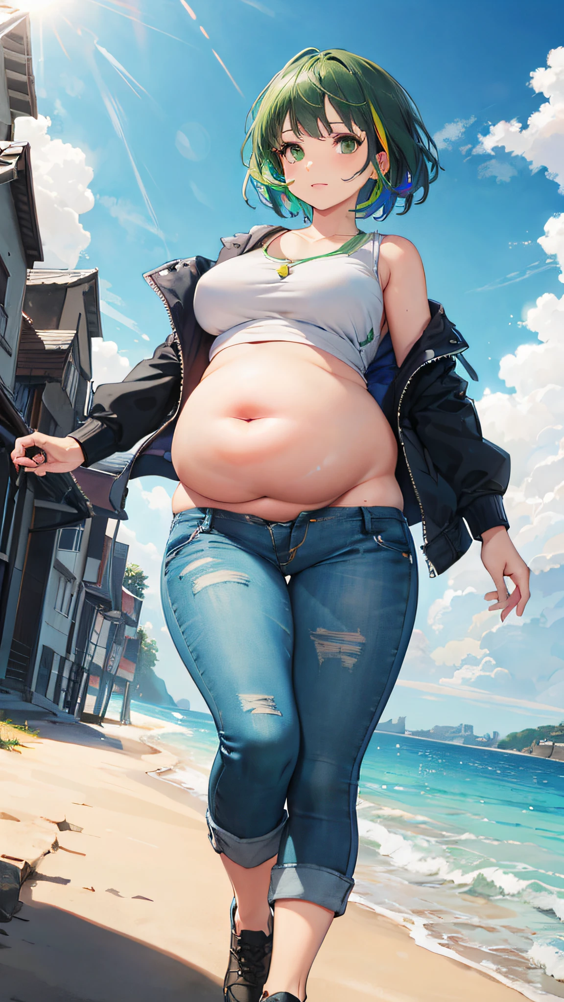 expansive landscape photograph , (view from below, It shows the sky above and the fields below.), Seen from a distance, waterside, Girl standing on the beach and looking up, (sun:1.2), (blue-sky:0.9) , Wood Break Production Art, (warm light source:1.2), (seaside:1.3), intricated details, Volumetric lighting, Realism BREAK(​masterpiece:1.2), (Top  Quality), 4k, Ultra-detail, (Dynamic configuration:1.4), Very detailed and colorful details,(Rainbow colors:1.2), (Glowing lights, Atmospheric lighting), Dreamy, Magical, (Solo:1.2), intriciate detail, (Cute belly fat:1.5), 1 belly button, Cheeky look, Sagging middle breasts, (Green Eyes:1.3), (Green short hair:1.5), Black sleeveless, Black cropped t-shirt,wristband, Tight-fitting jeans, Very short jeans, Denim shorts, hallway, walking, (black& Blue Street Jacket)