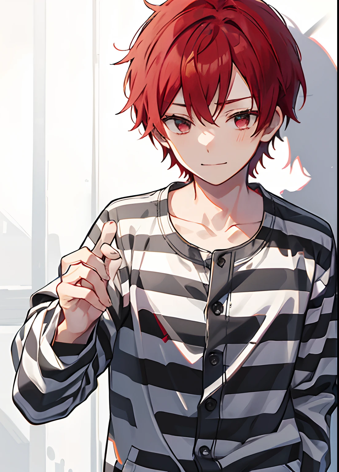 1boy, Handsome man, Solo,Very short red hair, red hair, up looking_で_viewer, ((masutepiece,Best Quality)), Beautiful detailed eyes, beautifull detailed face、Sleepy face、sleepy expression、A slight smile, (((priclothes))), (((striped clothes))), shirt, outfit, (long sleeves), prisoner, clothes, clothing, black and white stripes, prison cell, young, buttons,