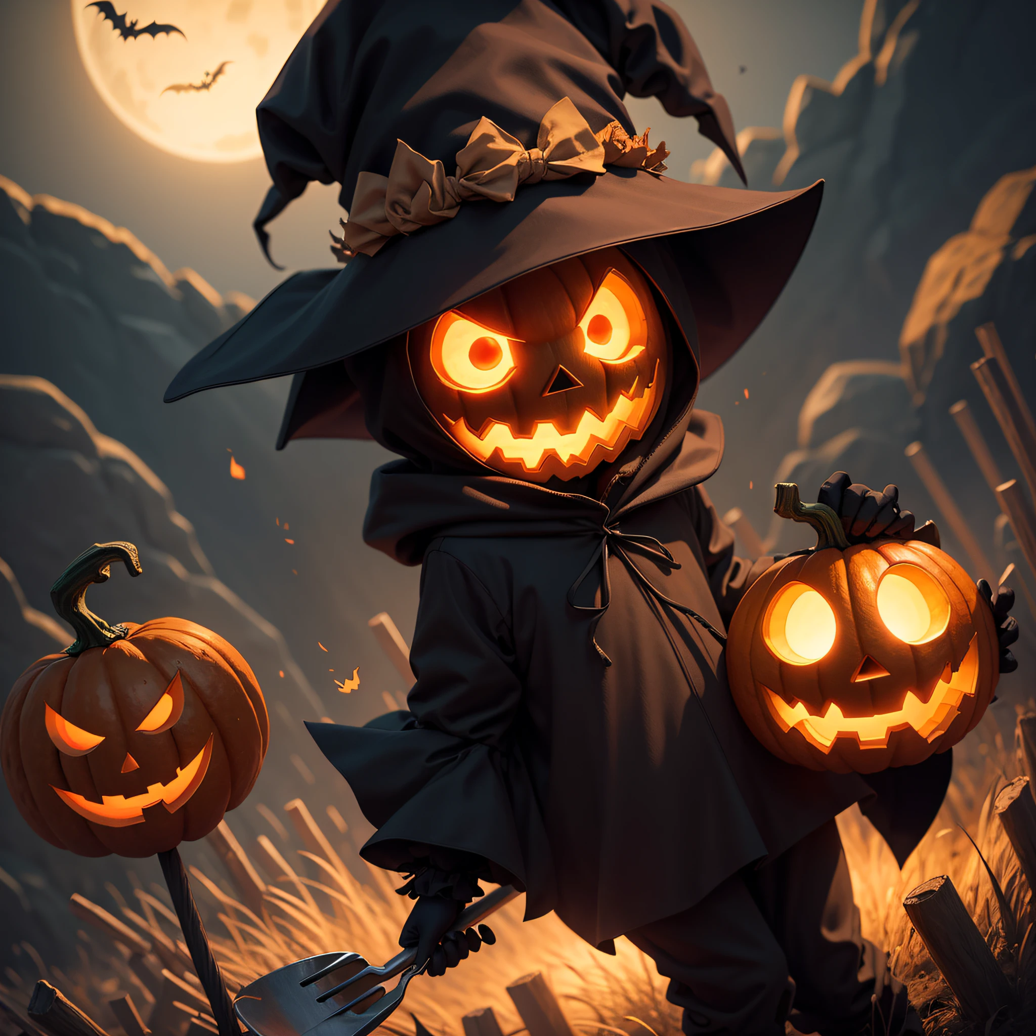 Halloween cartoon, cute pumpkin head, glowing eyes, wearing scare crow outfit, holding digging fork, black smoke Halloween background, trick or treat, 4k quality