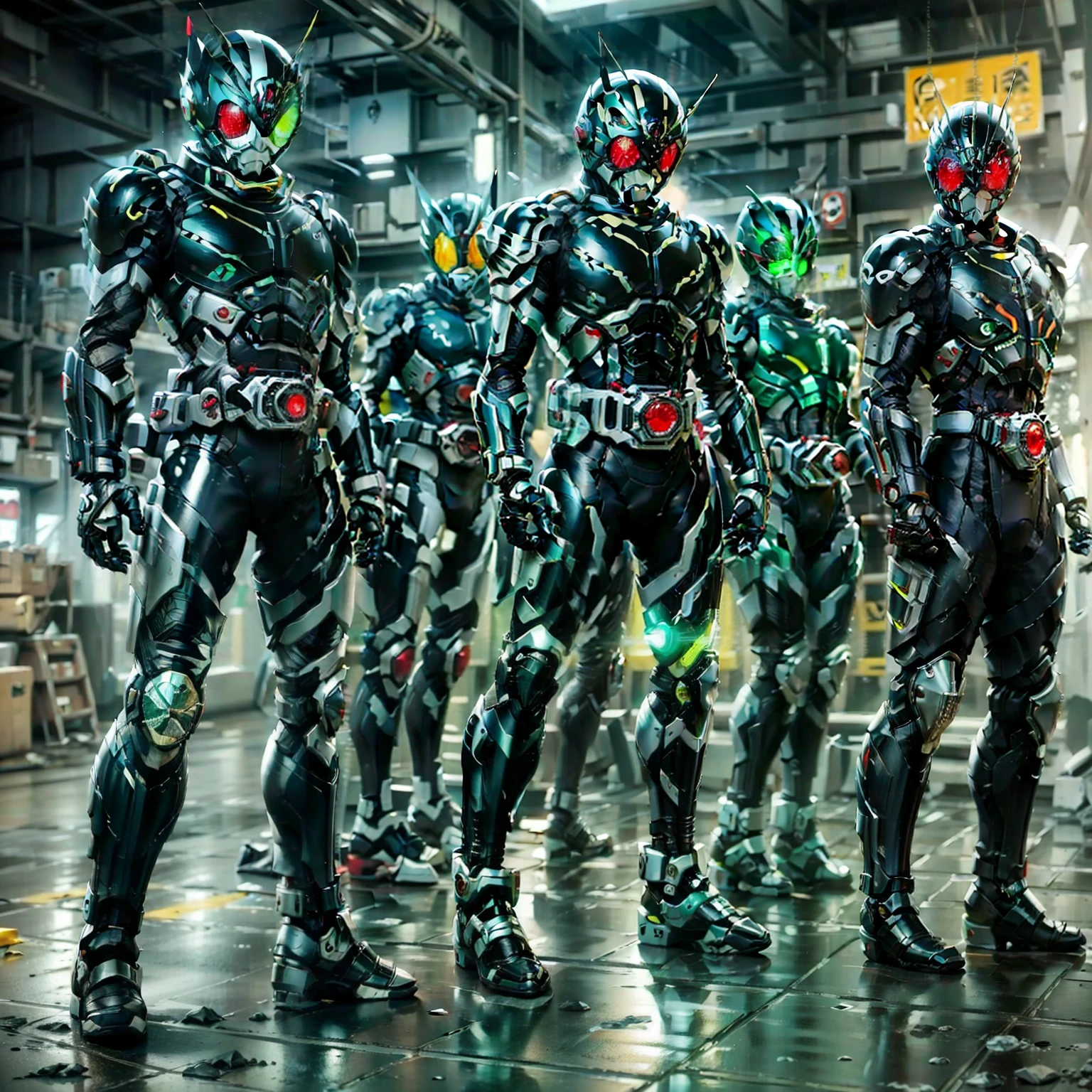 Kamen Rider, Black armor, Gray and black clothes, Techsuit, secret agent, roboto, soio,The floor is shiny with black light