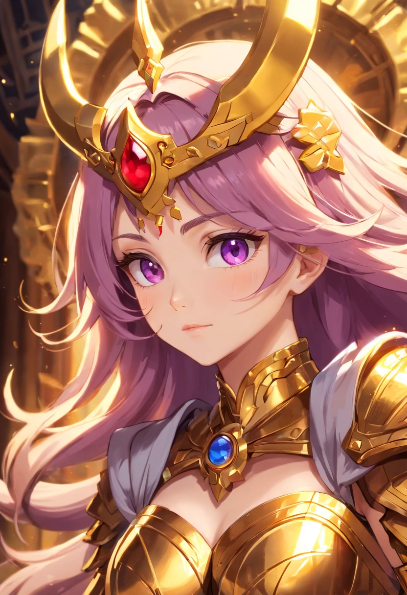 (1 girl), full bodyesbian,Saint Seiya Armor, Wearing the golden armor of an Aries,sexy armor, Detailed armor pattern,Bling armor,Gorgeous Hair in Long Purple,Plump breasts,gigantic cleavage breasts:1.6, Long hair,Shiny skin:1.4,primitive,tmasterpiece,ultra fine photos,,best qualtiy,超高分辨率,Photoreality,rays of sunshine,full-body portraits,stunningly beautiful,,dynamicposes,delicated face,Vibrant eyes,(seen from the side),Red and gold color scheme,Very detailed stone temple background,detailed face with,Detailed and complex busy background,Untidy,opulent,Highly detailed skin,Realistic details of skin,Visible Pore,tack sharp focus,volume fog,8K UHD,digital SLR camera,high qulity,filmgrain,White skin of the,photo-realism,DL, look from down, semi transparent