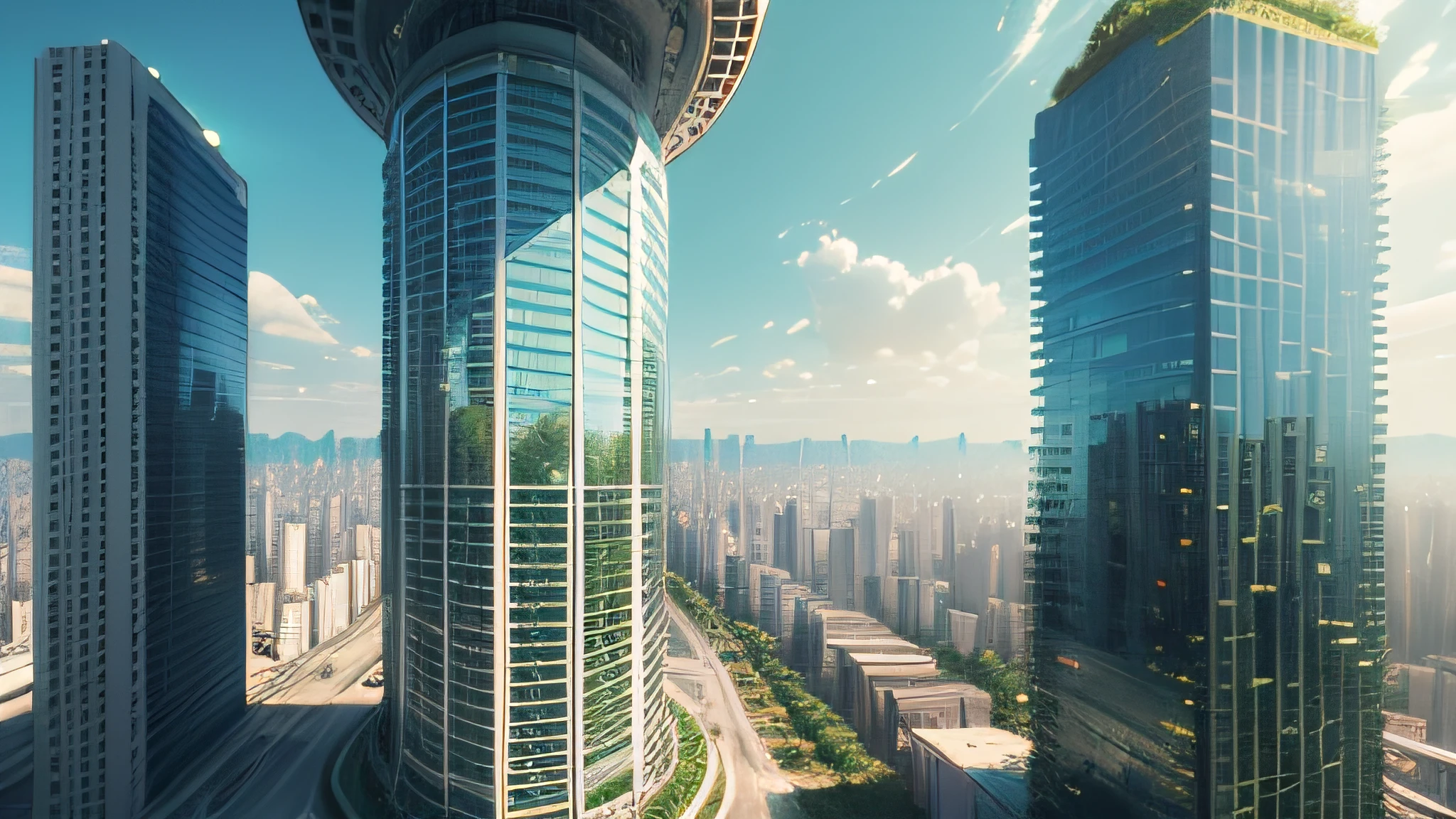 Ridiculous resolution, high resolution, (Masterpiece:1.4), Super detailed, Future City Project, Green space and glass building