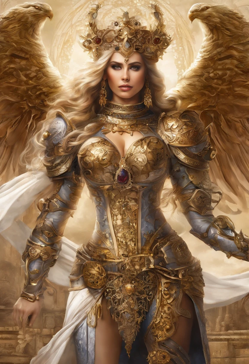 (1 girl), full bodyesbian,Saint Seiya Armor, Wearing the golden armor of an Aries,sexy armor, Detailed armor pattern,Bling armor,Gorgeous Hair in Long Purple,Plump breasts,gigantic cleavage breasts:1.6, Long hair,Shiny skin:1.4,primitive,tmasterpiece,ultra fine photos,,best qualtiy,超高分辨率,Photoreality,rays of sunshine,full-body portraits,stunningly beautiful,,dynamicposes,delicated face,Vibrant eyes,(seen from the side),Red and gold color scheme,Very detailed stone temple background,detailed face with,Detailed and complex busy background,Untidy,opulent,Highly detailed skin,Realistic details of skin,Visible Pore,tack sharp focus,volume fog,8K UHD,digital SLR camera,high qulity,filmgrain,White skin of the,photo-realism,DL, look from down, semi transparent