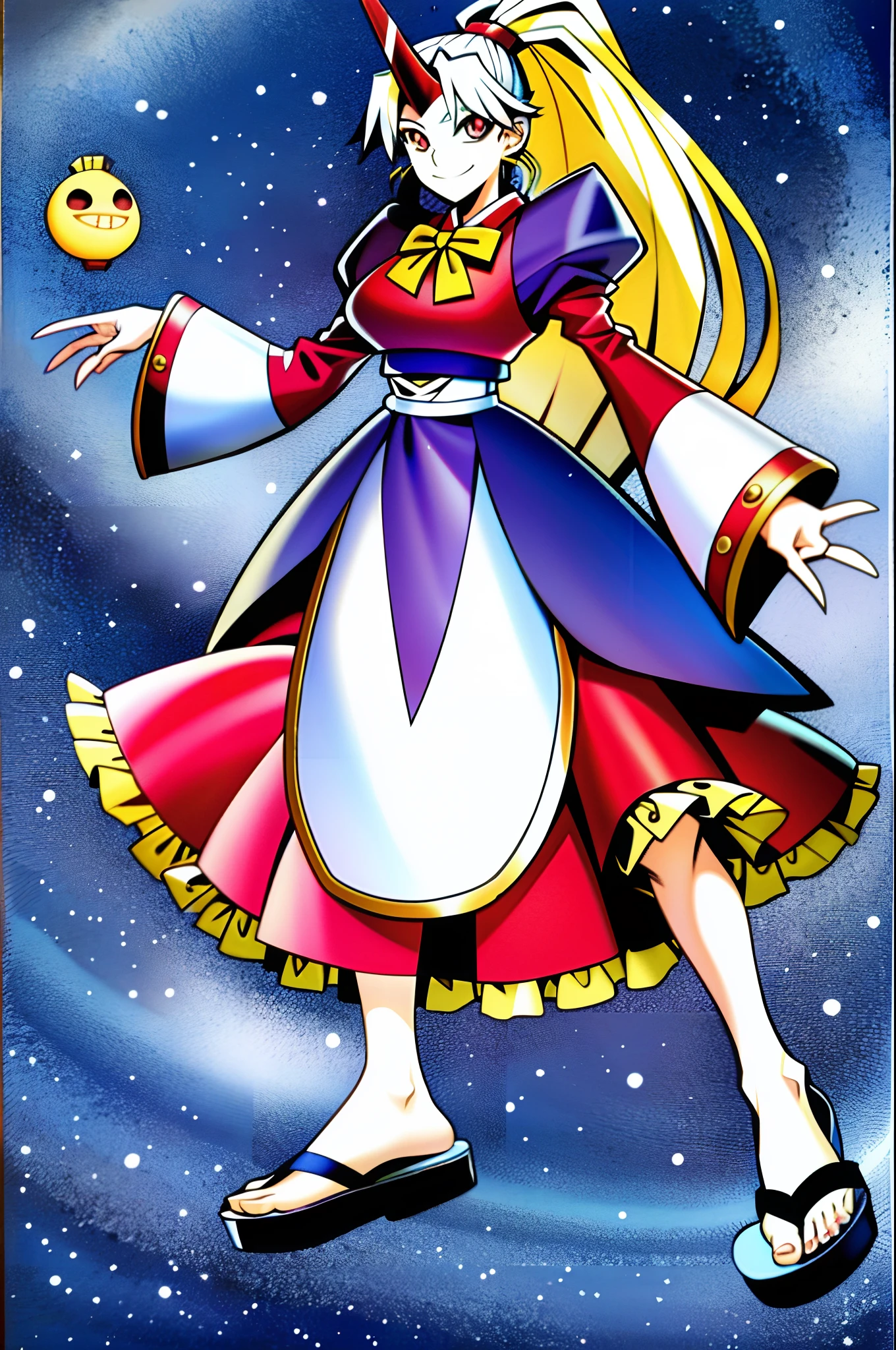 hoshiguma yuugi,medium breast , large skirt, traditional german clothing, bloon hair, red eyes, single horn,oni, closed pullover,long skirt,full body, standing, smile, flipflops