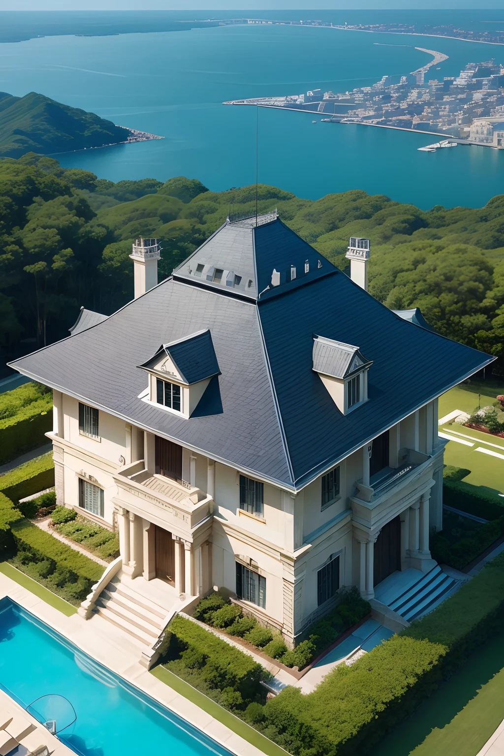 A mansion built at the top of the pyramid、There is a pool on the roof of the house