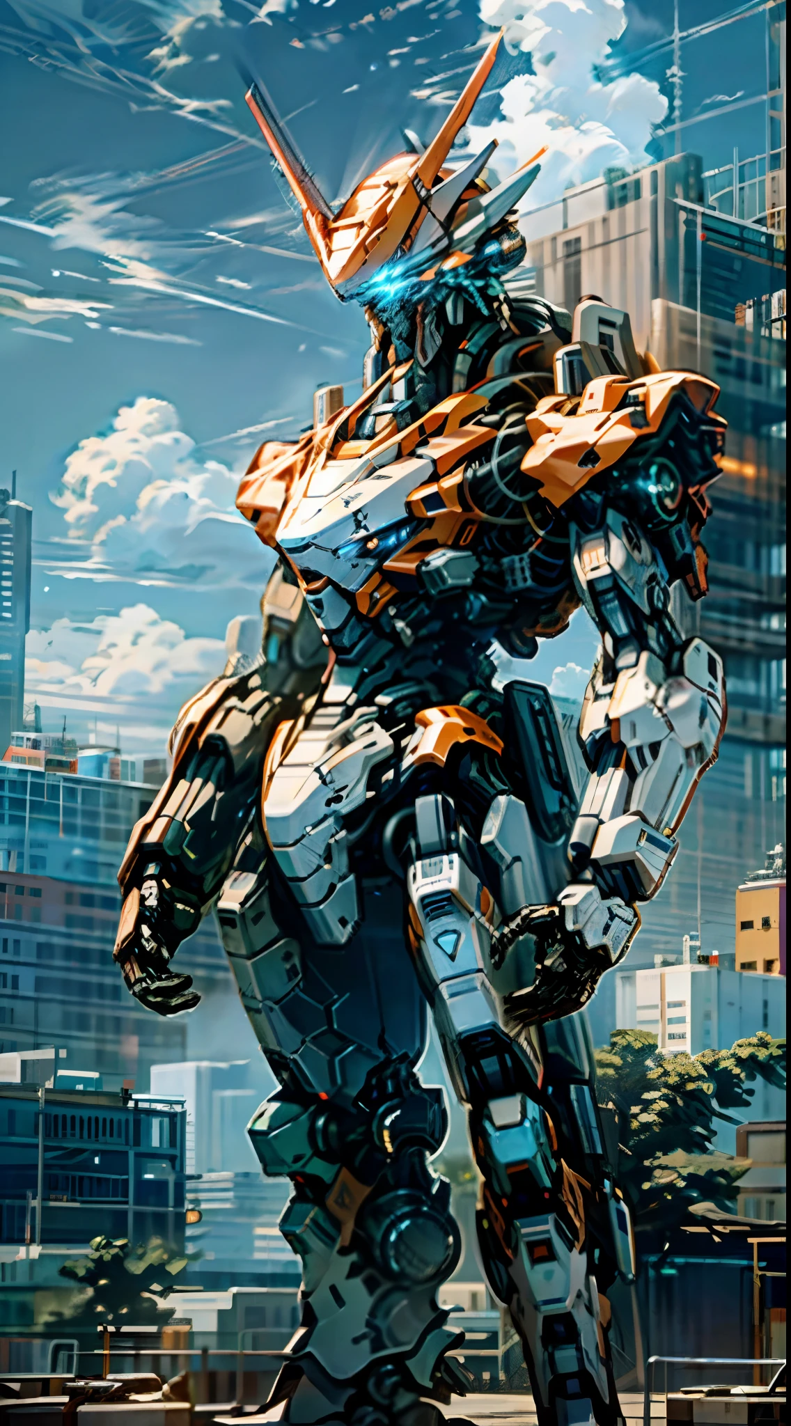 sky, clouds, holding_weapon, no_humans, glowing, a man standing on top of a building, his back to the viewer, looking into the distance, giant robot, building, ruins, glowing_eyes, mecha, science fiction, city, reality, mecha